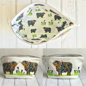 Washbag 2 - Bright Highland cow design - printed nylon inside to surprise you & make you smile!