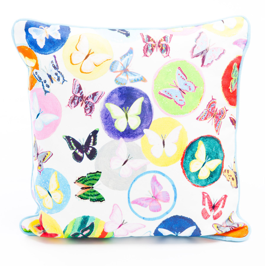 SQUARE CUSHION - Balls and Butterflies (Pink Piping)  (Avail F0 6/22)