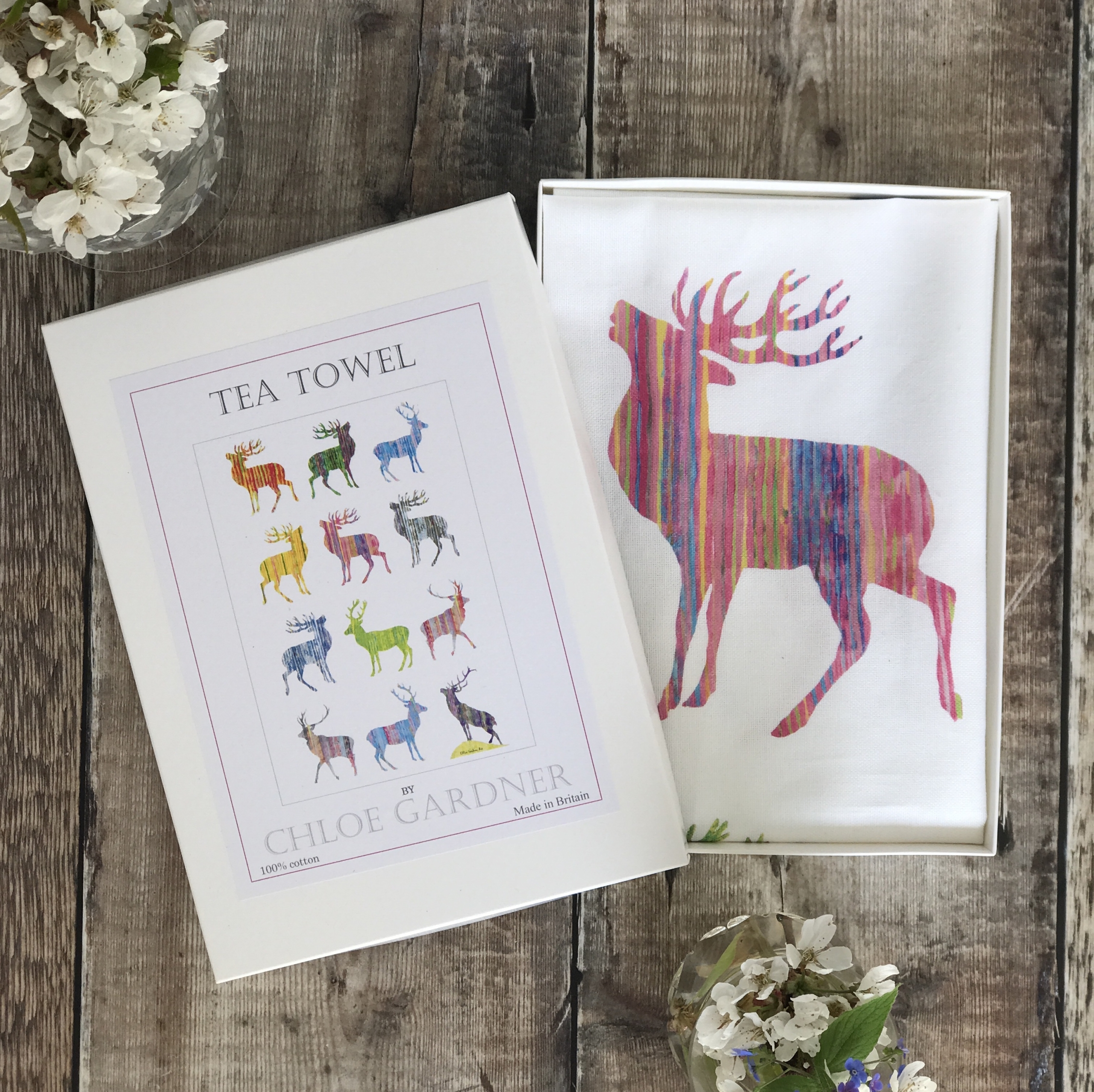 A GIFT BOXED TEA TOWEL - Multi Stags Design