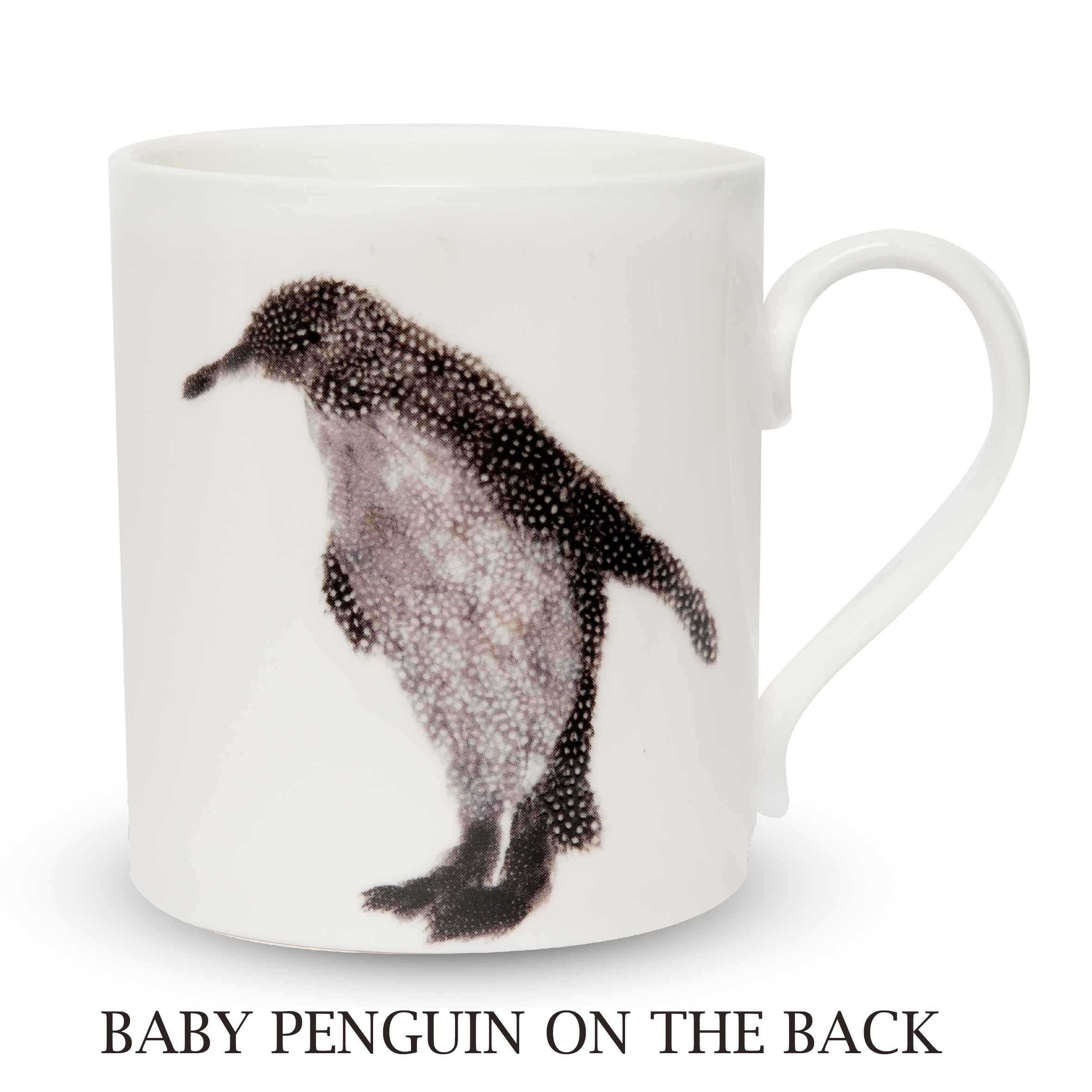 Mug pop on white penguin with writing