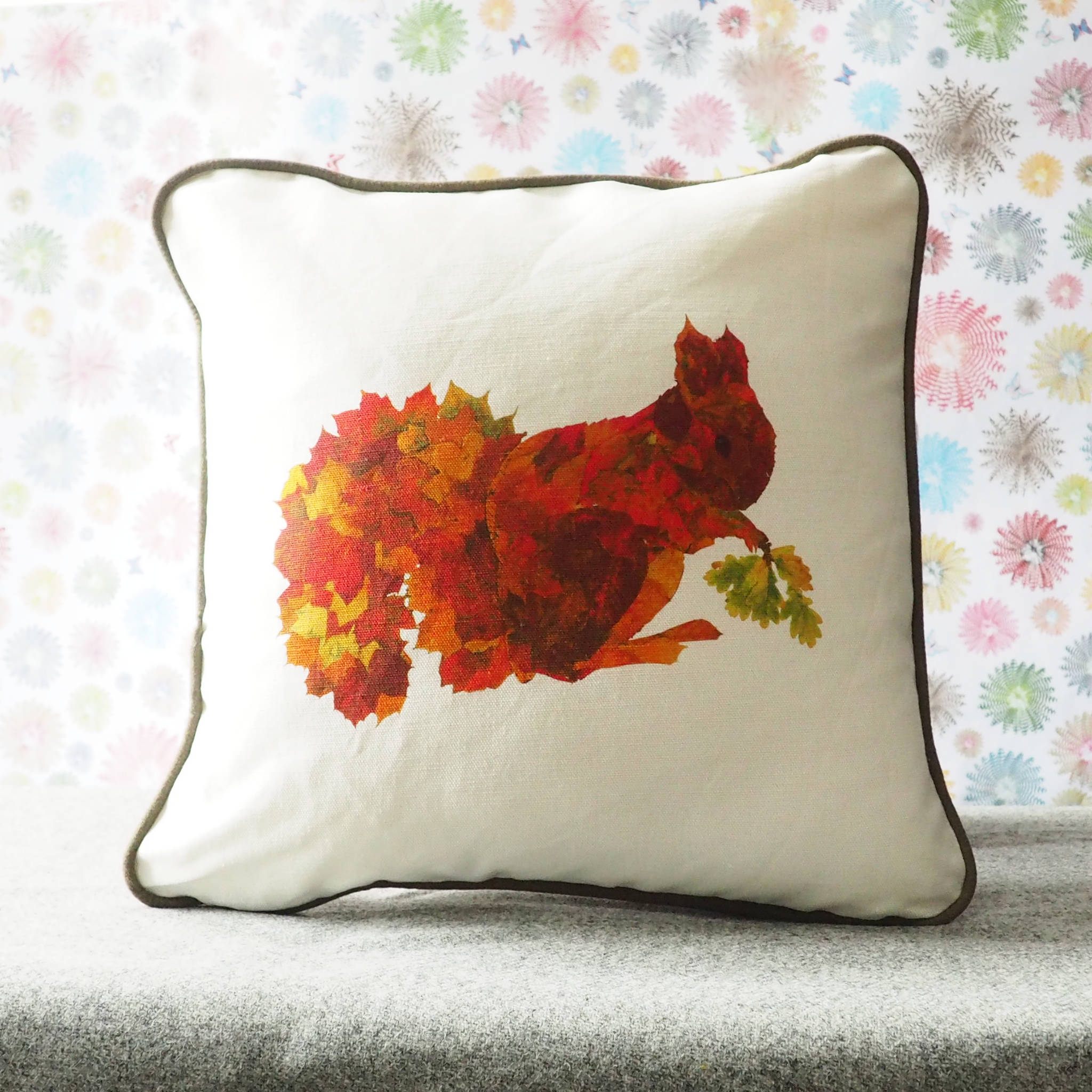 SQUARE CUSHION - Leafy Squirrel (Olive Piping) (Avail R7F10; 6/24)