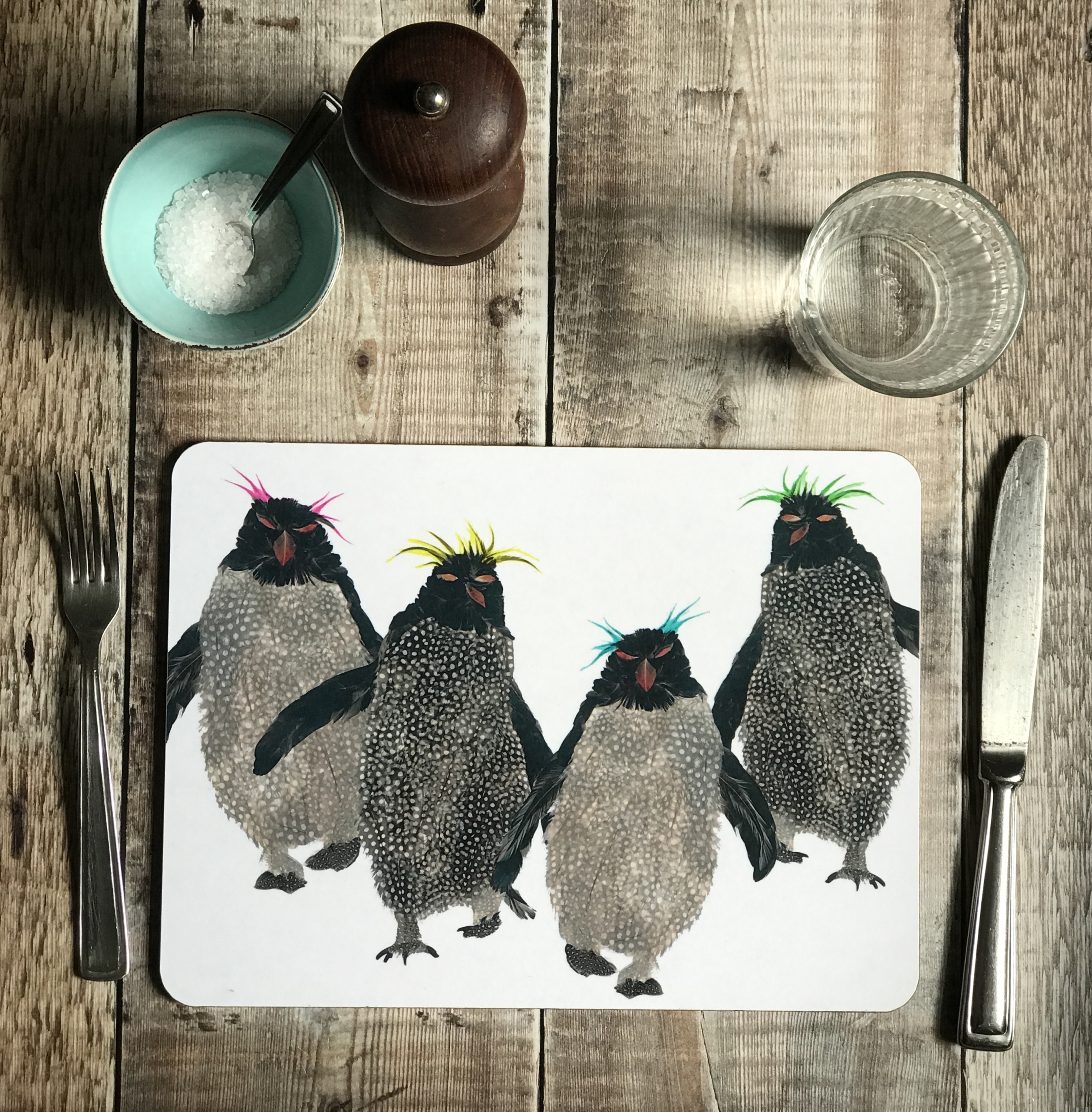 TABLEMAT - Oblong- Rockhopper Penguins with brightly coloured hair