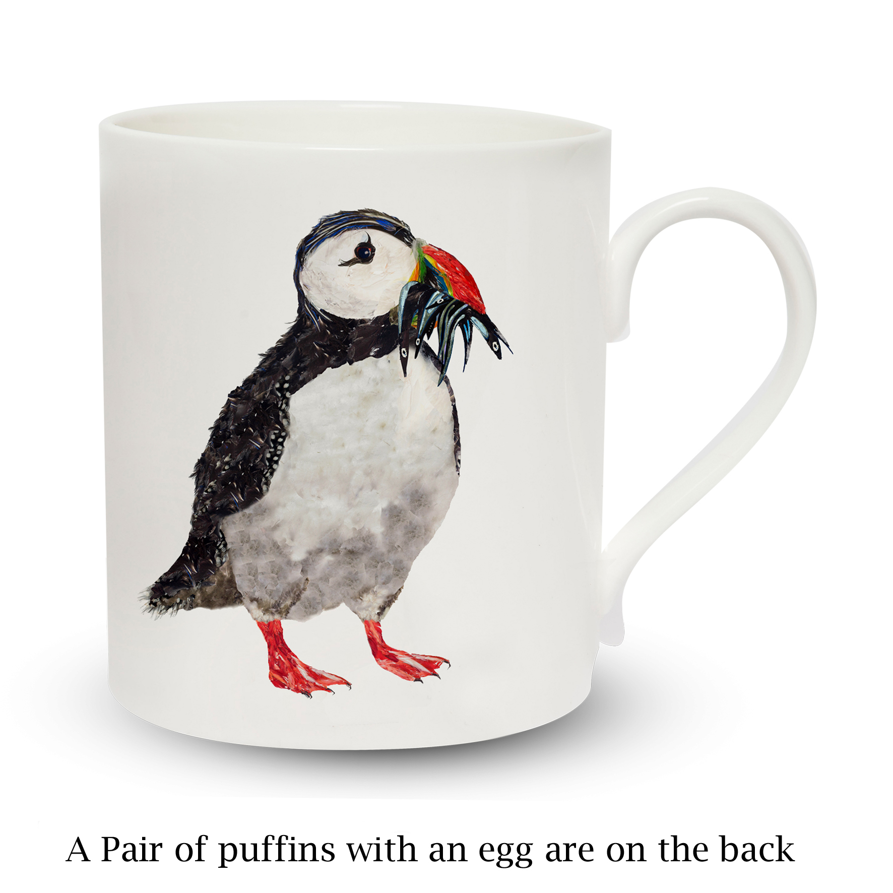 mug pop on white puffin with fish with writing
