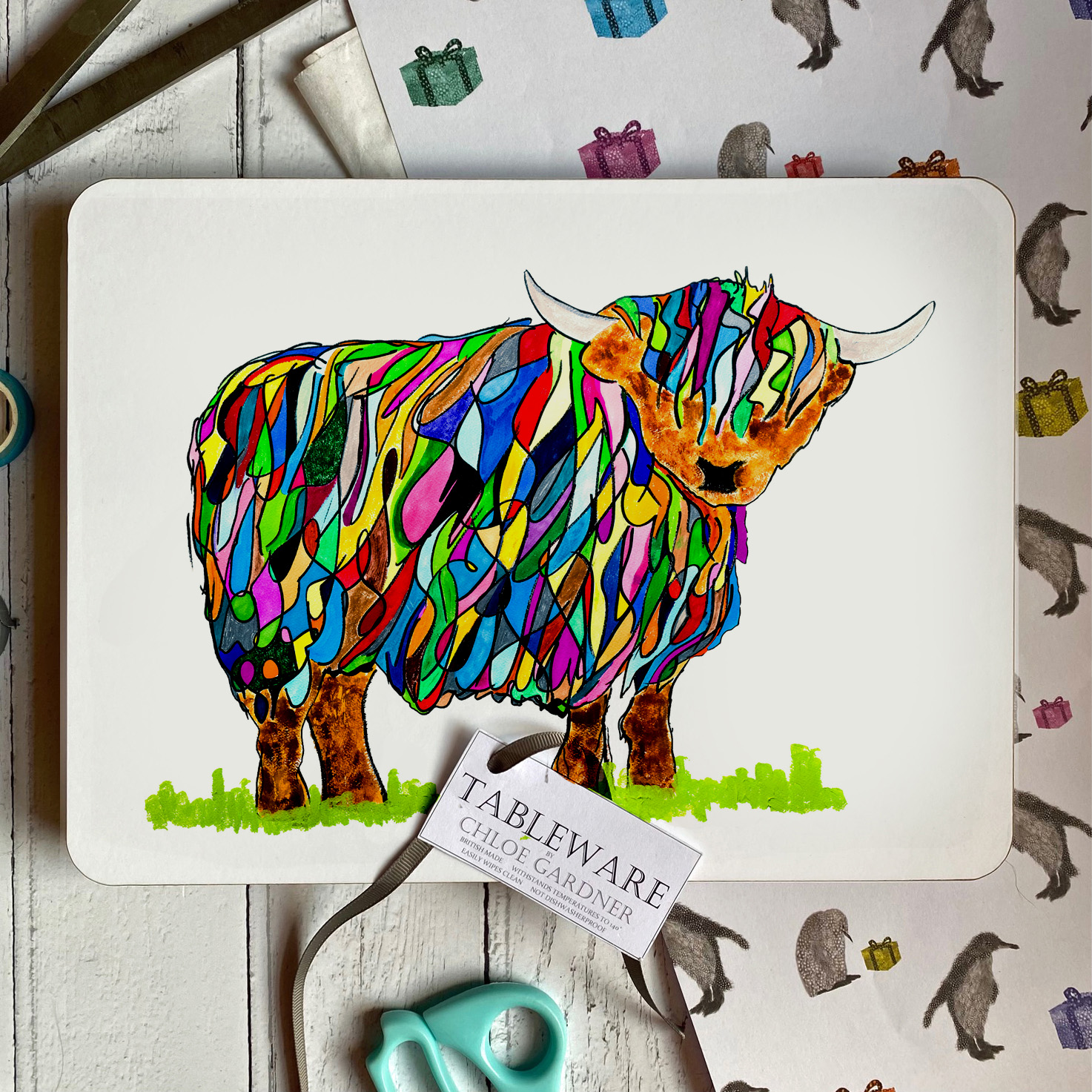 TABLEMATS OBLONG- Set of 4 - Bright Highland Cow Design