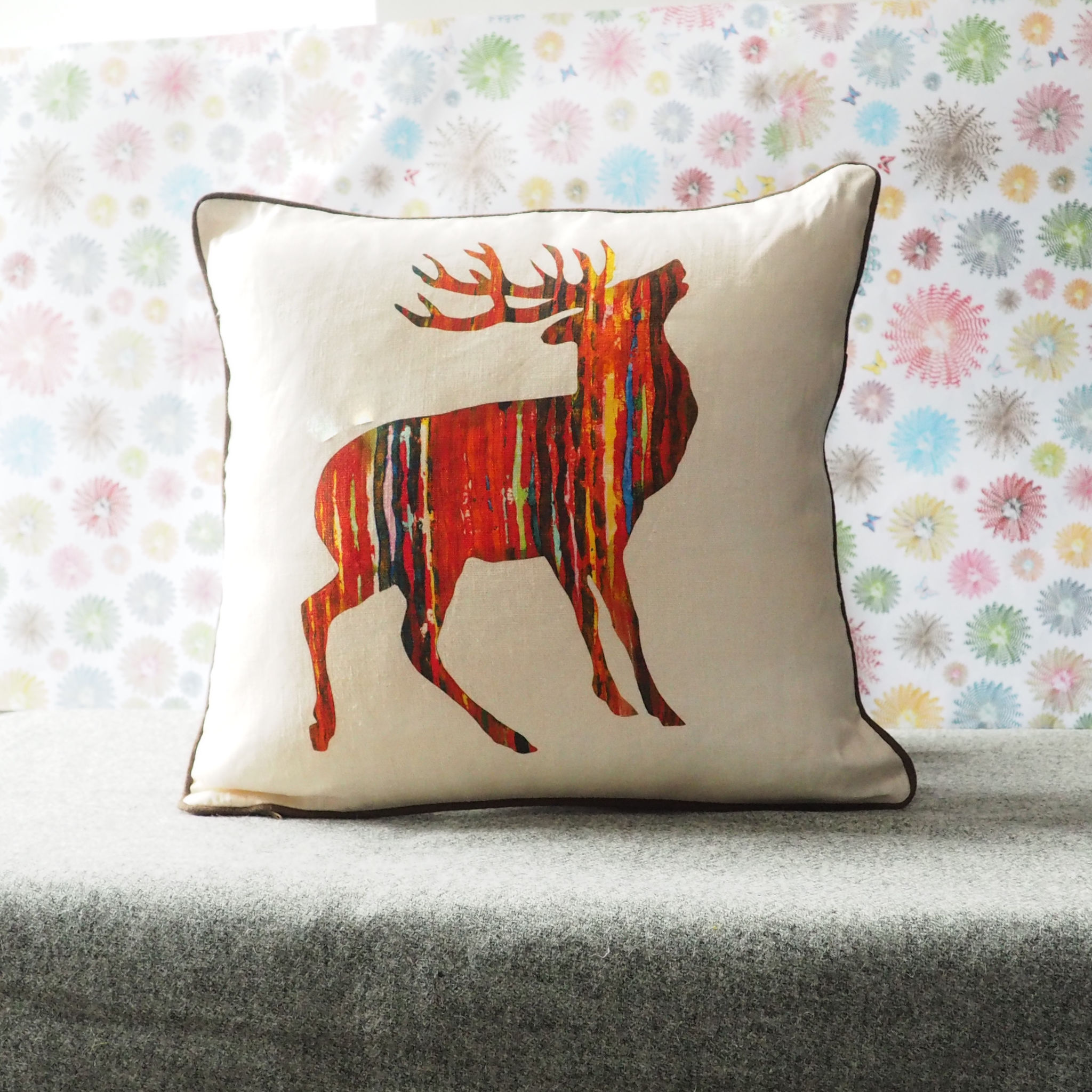 Brown Stag on Beige Cushion by Chloe Gardner