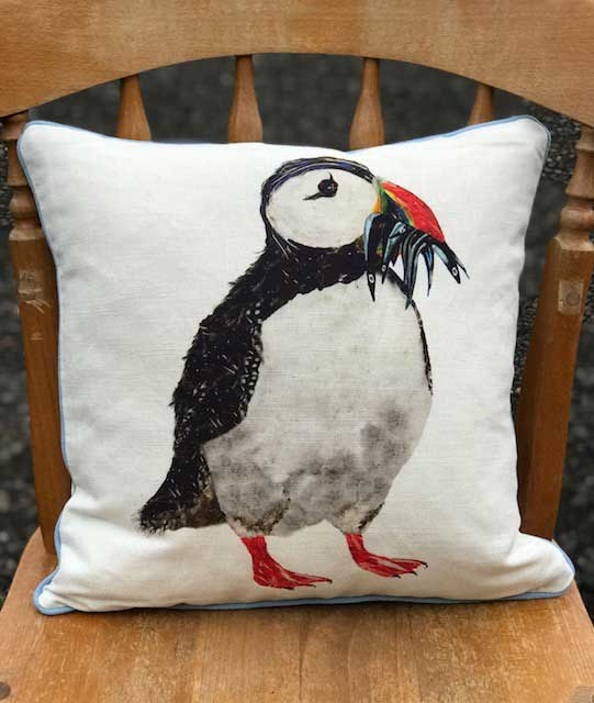 SQUARE CUSHION - Puffin with Fish (Avail R4F11 5/24)