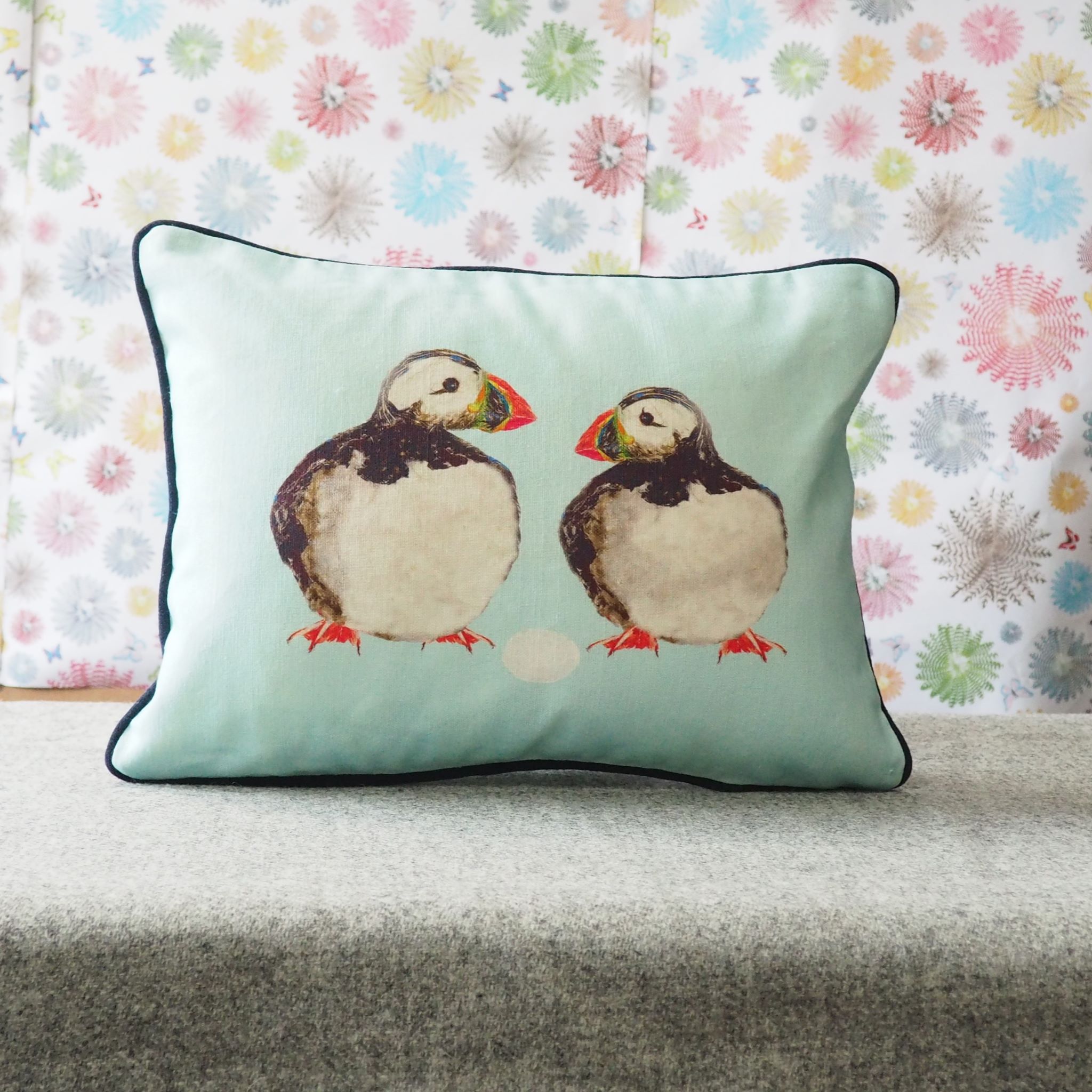 RECTANGULAR CUSHION - Puffins with Egg on Blue (Avail R13F7; 5/24)