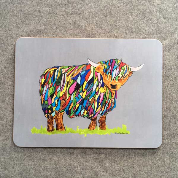 TABLEMAT - Rectangular Bright Highland Cow Design on Grey