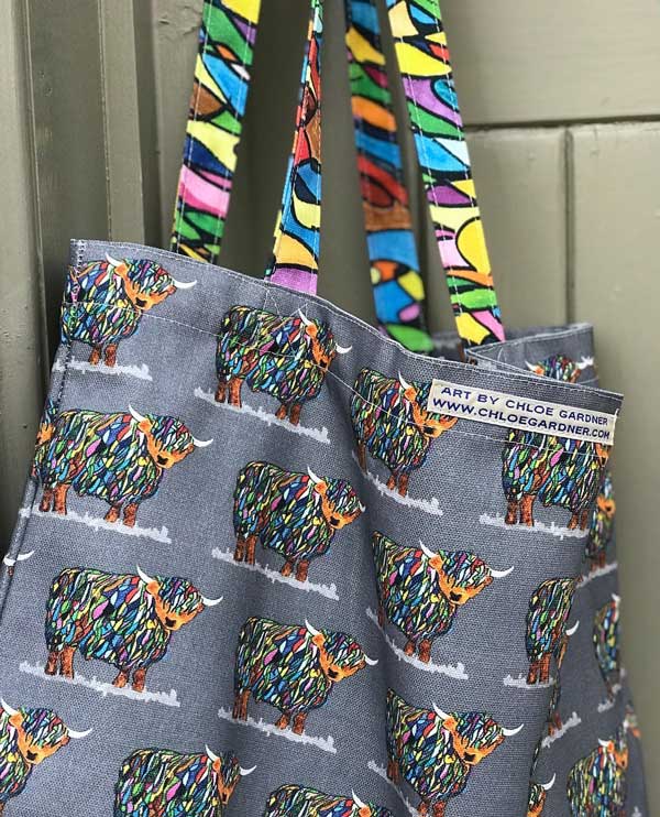 CANVAS BAG LARGE - Bright Highland Cow on Grey Design