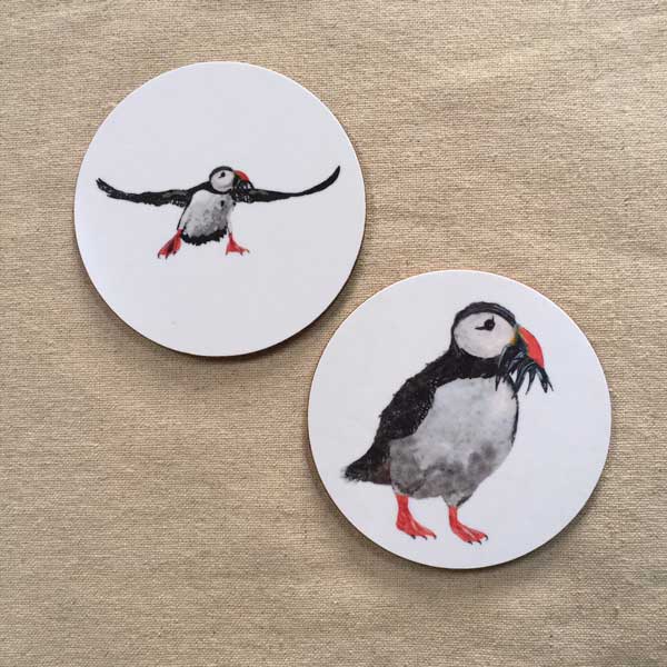 COASTER - Set of 2 - Puffin with Fish and Flying Puffin Design
