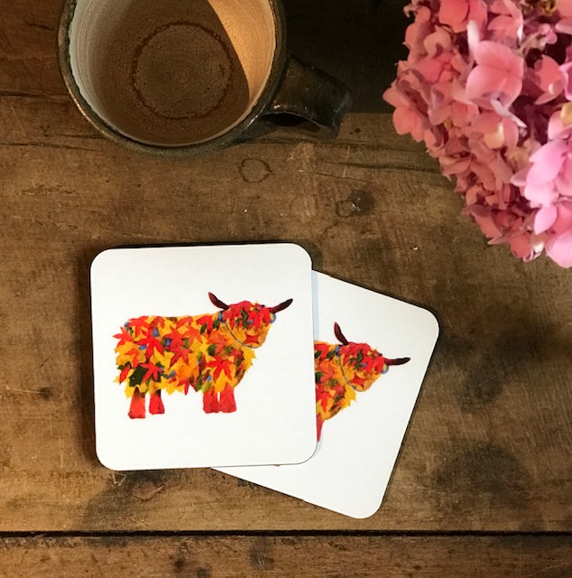 COASTER - Set of 2 - Leaf Highland Cow Design