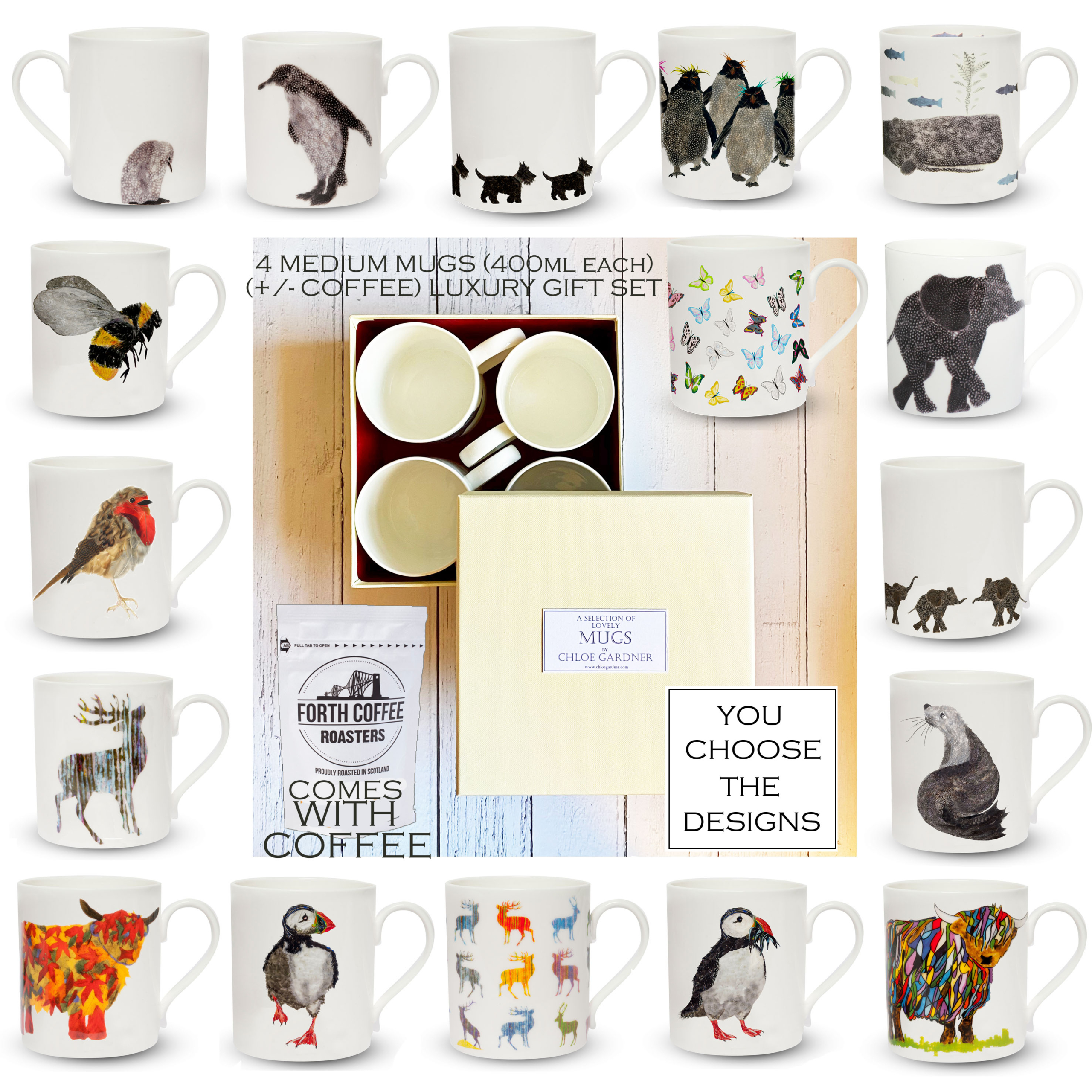 POP MUGS & COFFEE GIFT SET  - FOUR Medium (Pop) Mugs with coffee in a gift box - You choose the designs