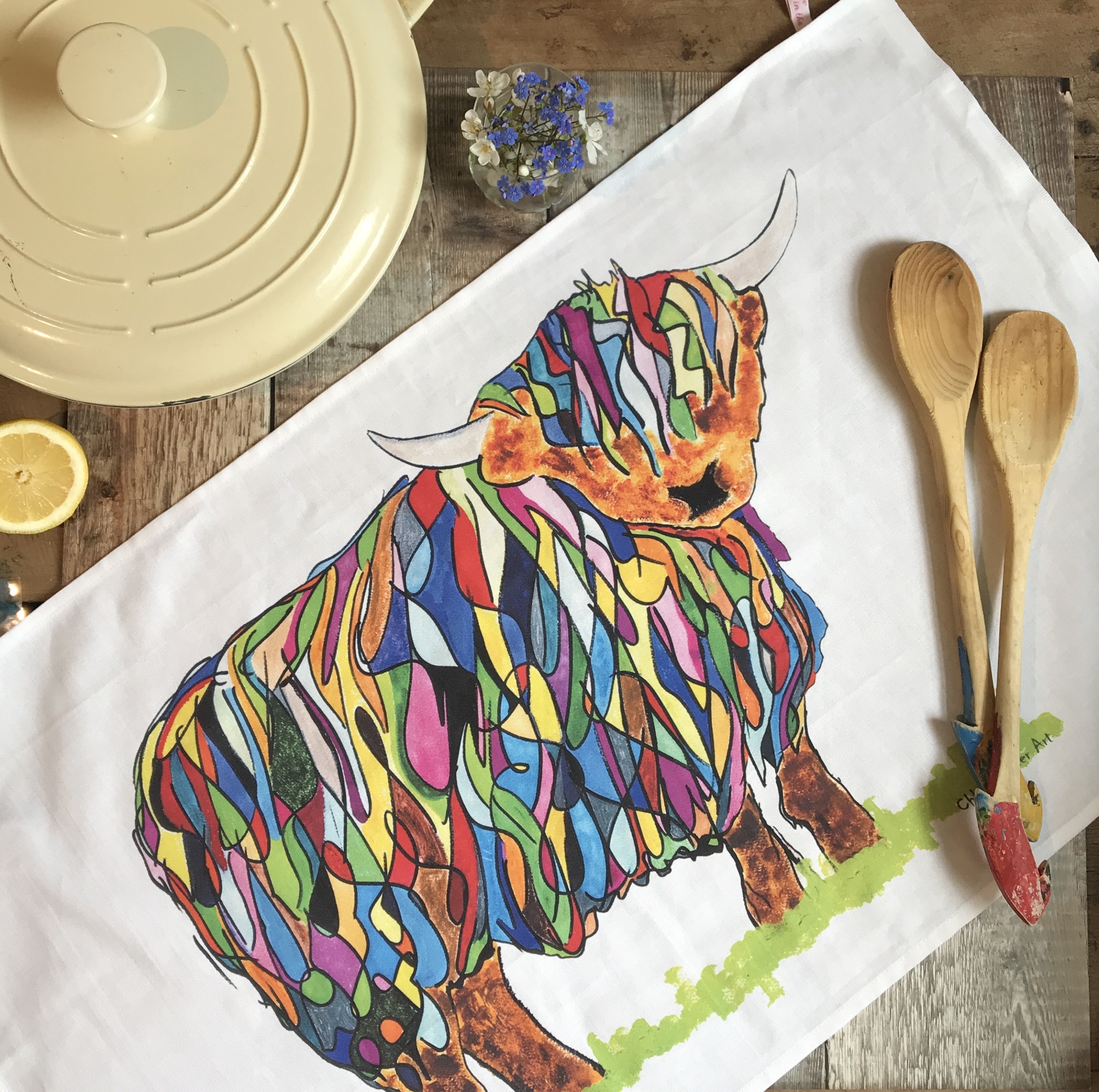 Bright Highland Cow Tea Towel