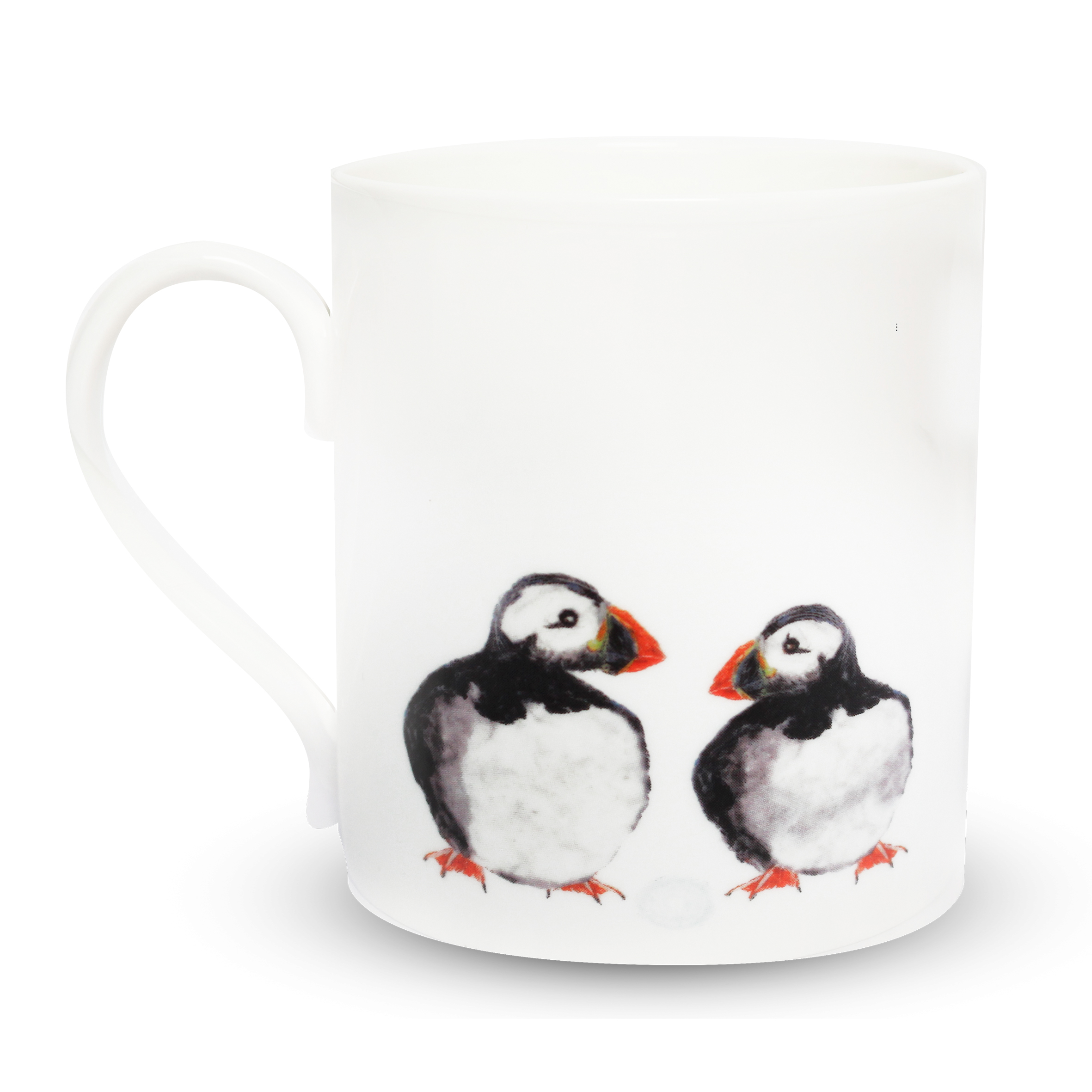 Mug pop on white back of puffins