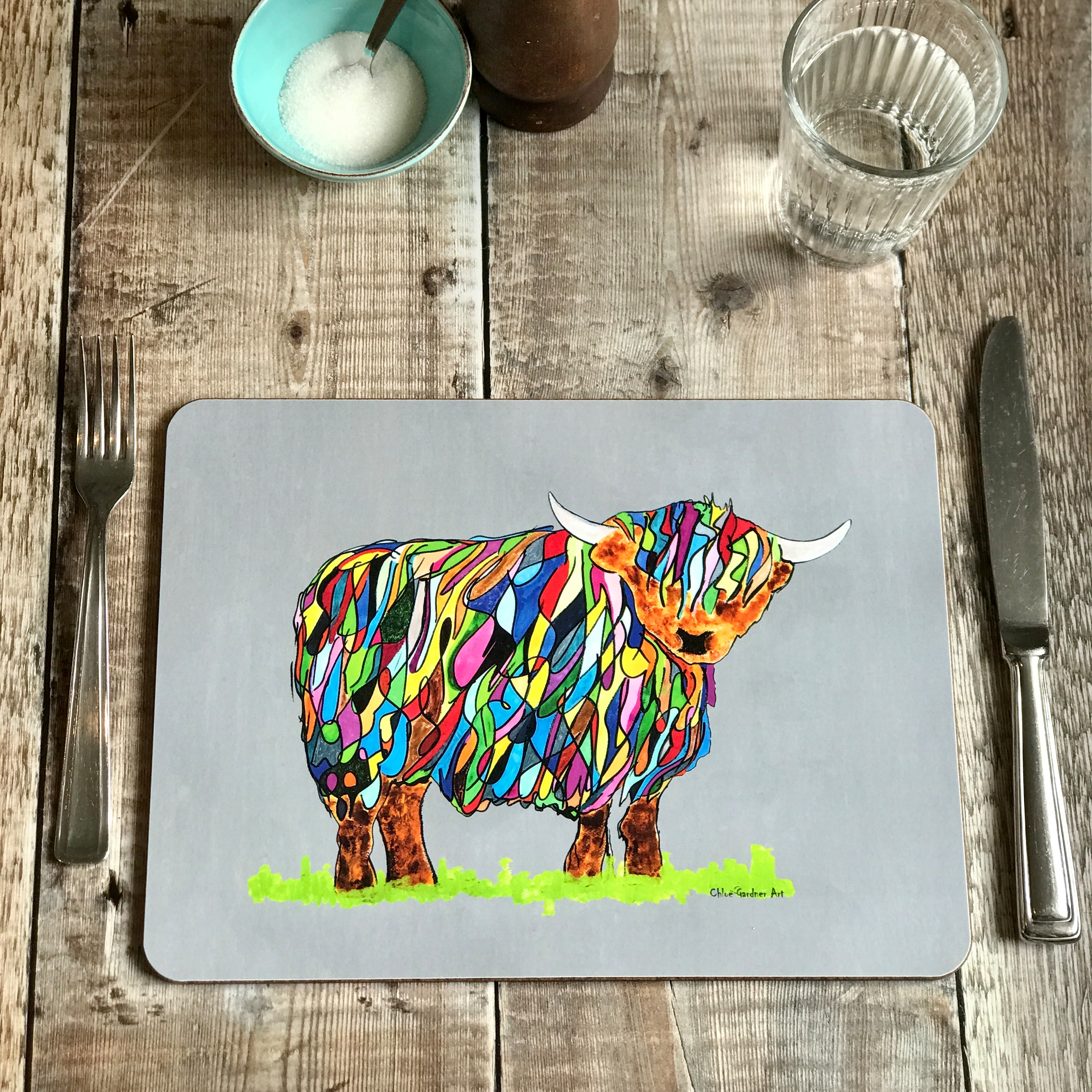 TABLEMAT - Oblong- Bright Highland Cow Design on Grey