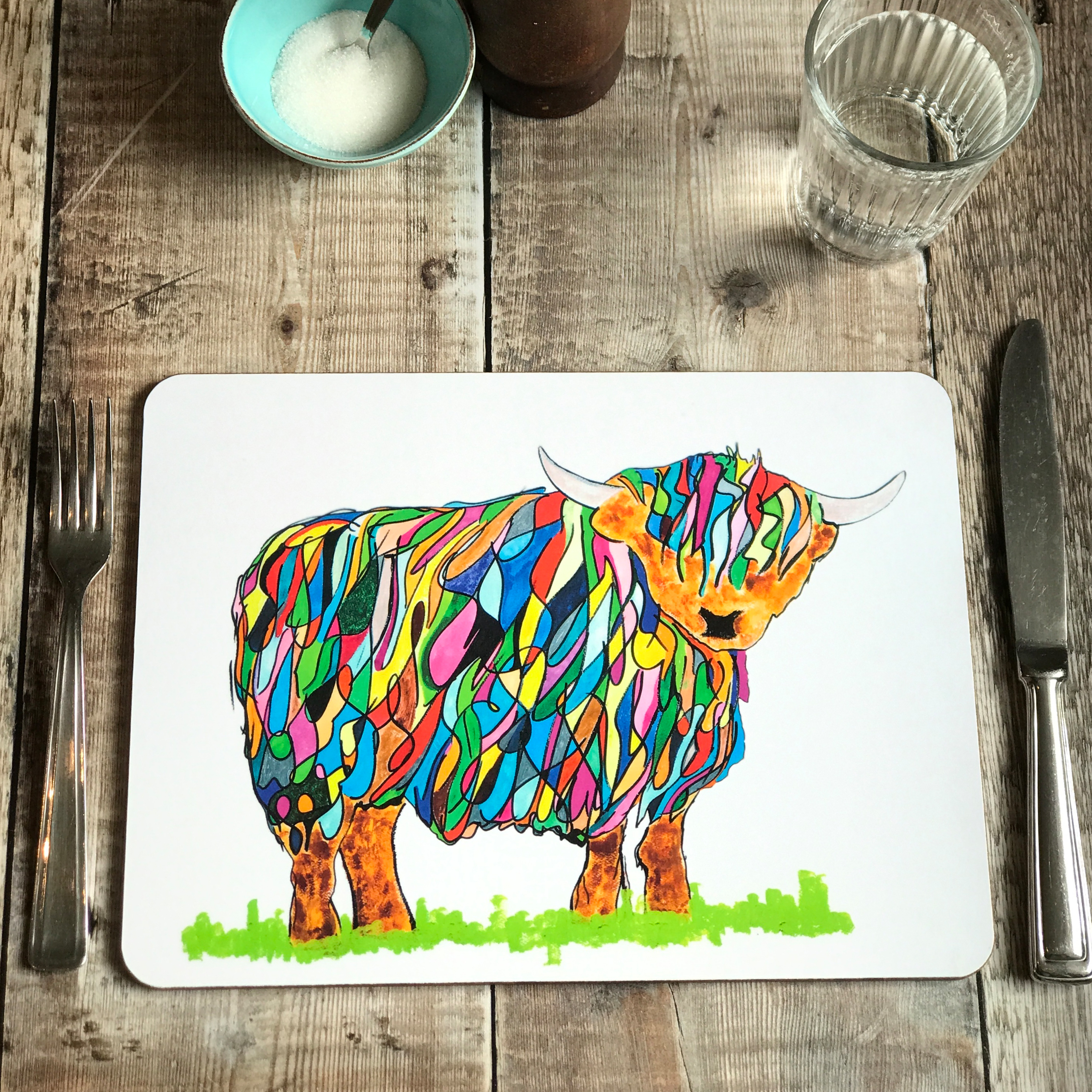 TABLEMAT - Oblong - Bright Highland Cow Design