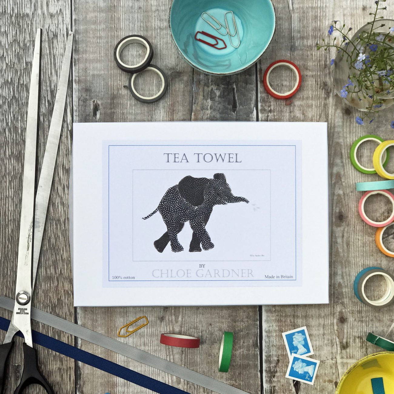 Chloe Gardner Animal Tea Towel Feather Elephant 100 Cotton