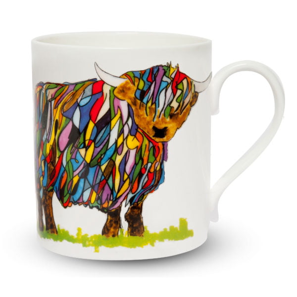 Bright Highland Cow mug, pop mug size on white background