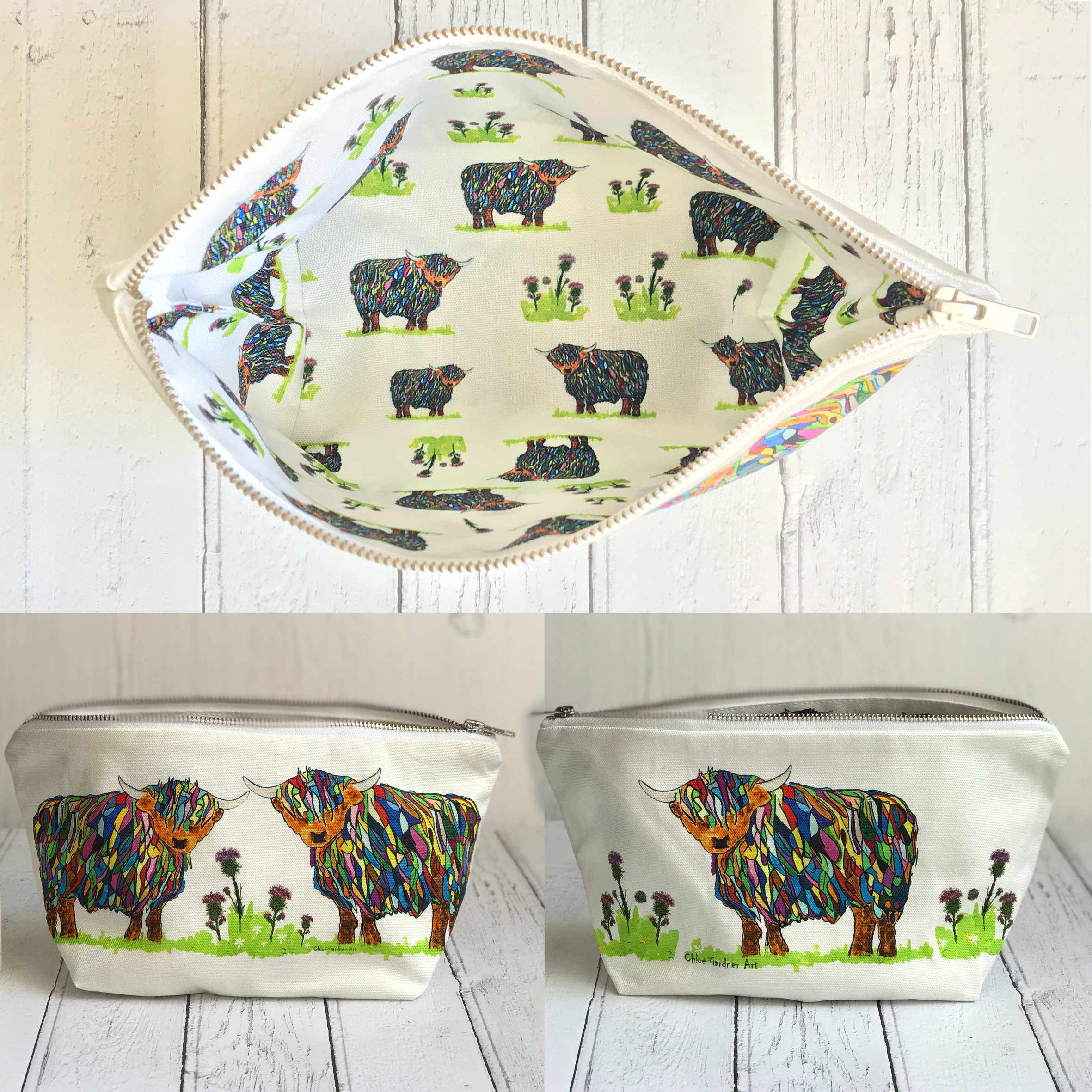 Washbag 2 - Bright Highland cow design - printed nylon inside to surprise you & make you smile!