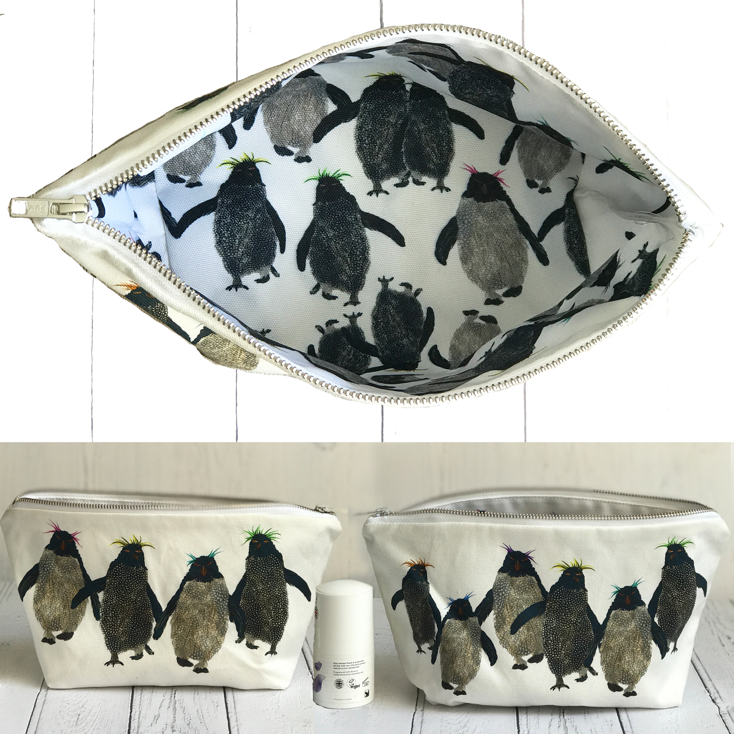 Washbag 2 - Rockhopper penguin design - printed NYLON inside to surprise you & make you smile!
