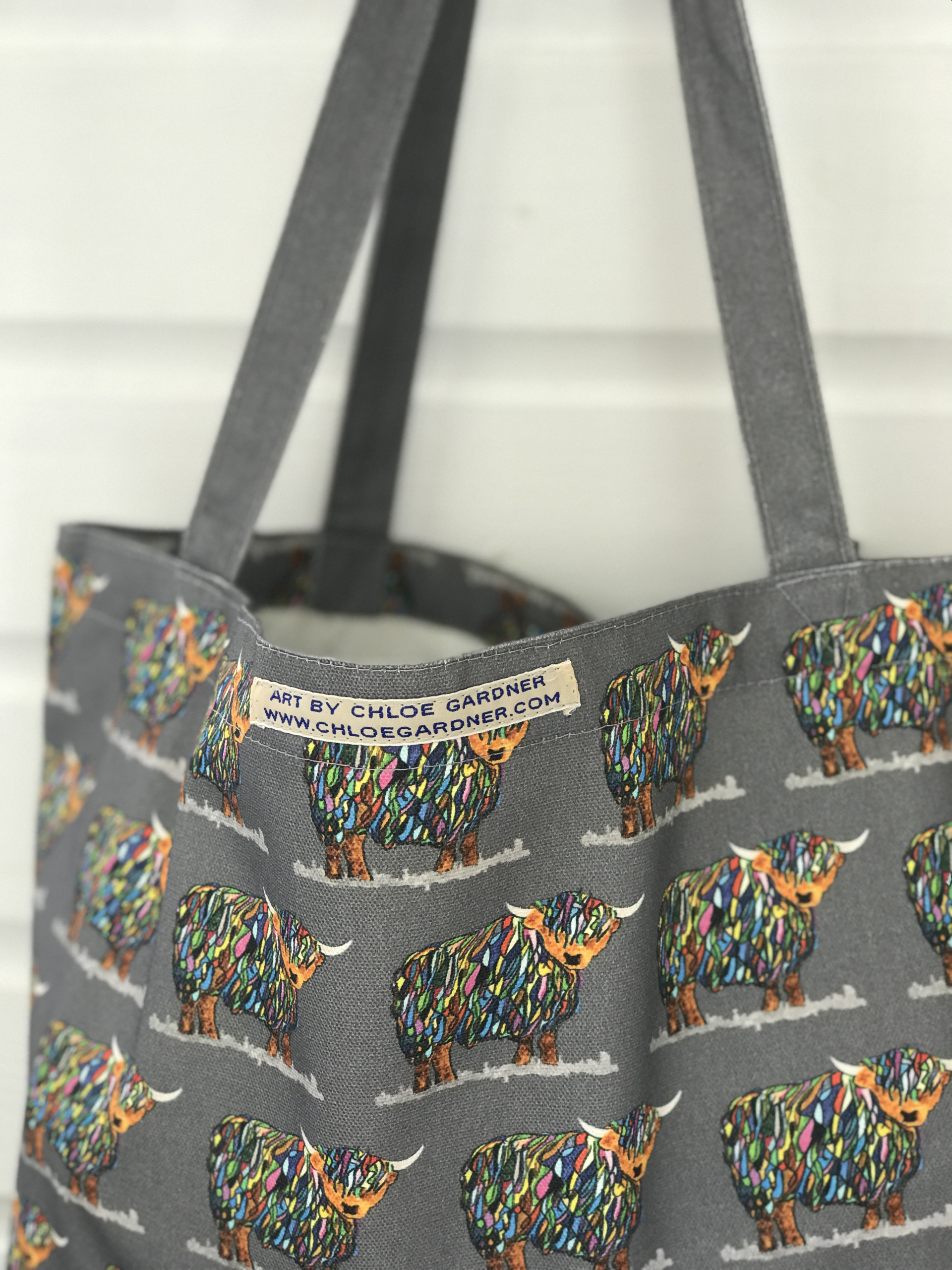 Large Bag Bright Cow Repeat on Grey (grey handles)