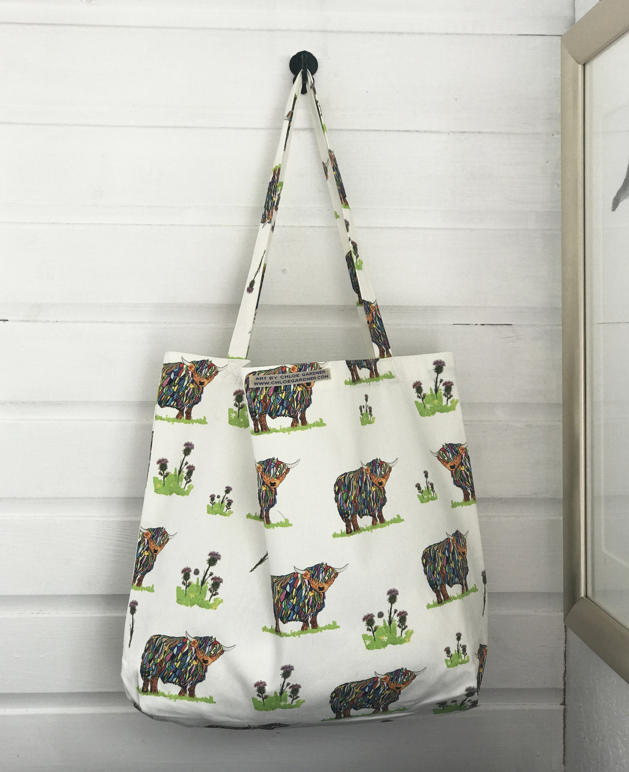 Large Bag Bright Highland Cow and Thistles