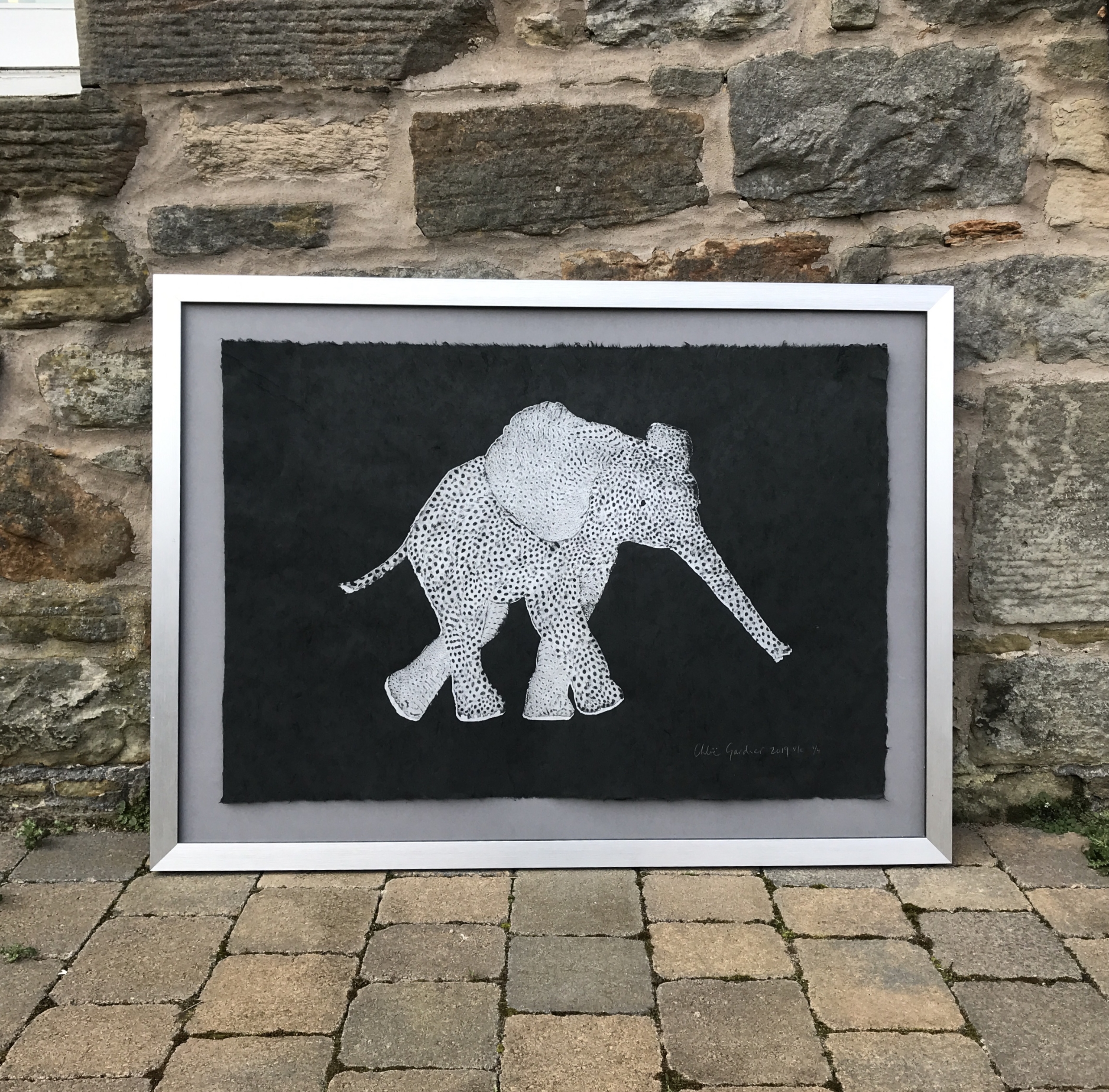 Screen Print Edition of 4- Silver Elephant with its trunk stretched out