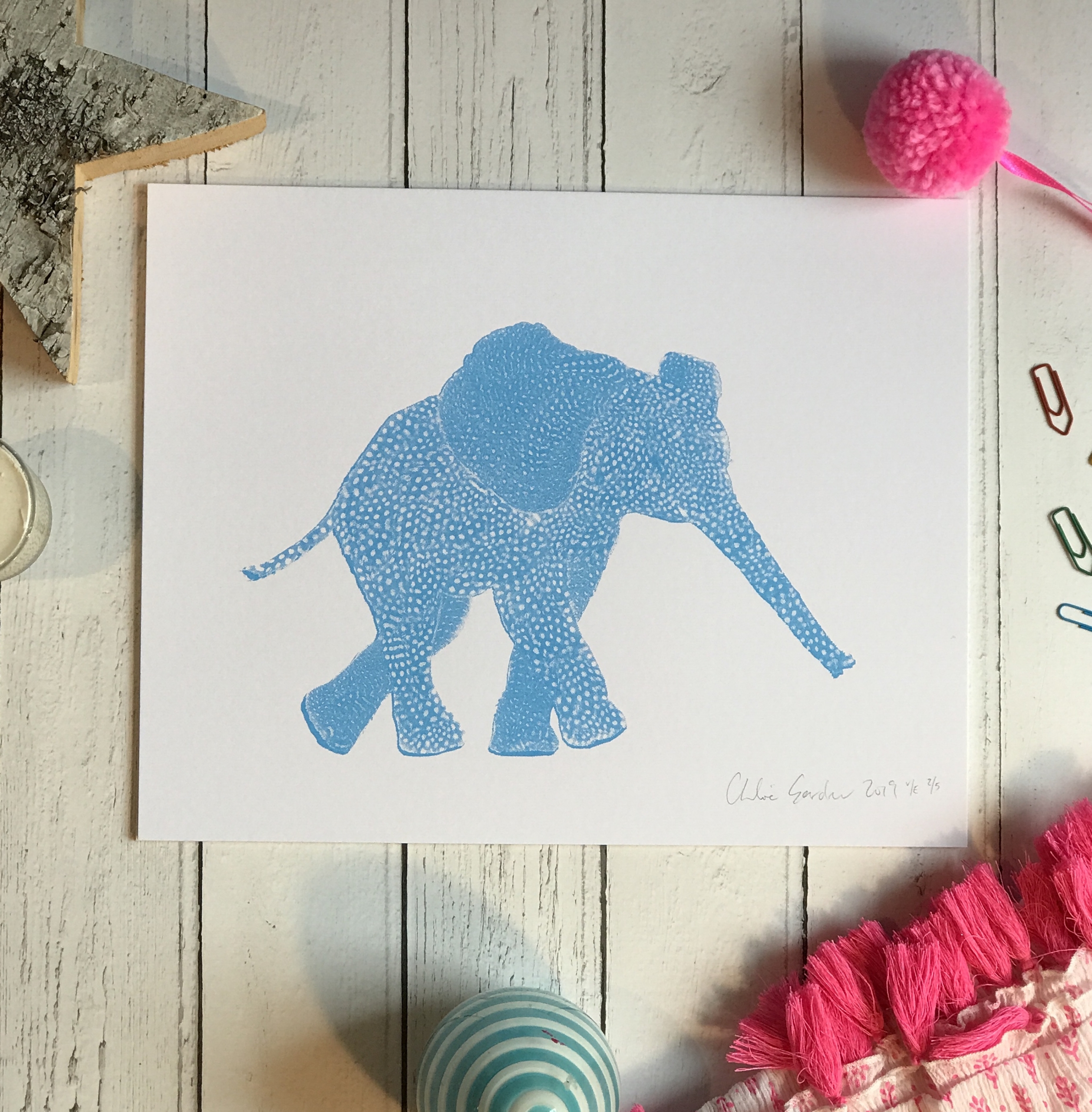 Screen Print Edition of 5- Small- Flouro blue Elephant facing right with a long outstretched trunk