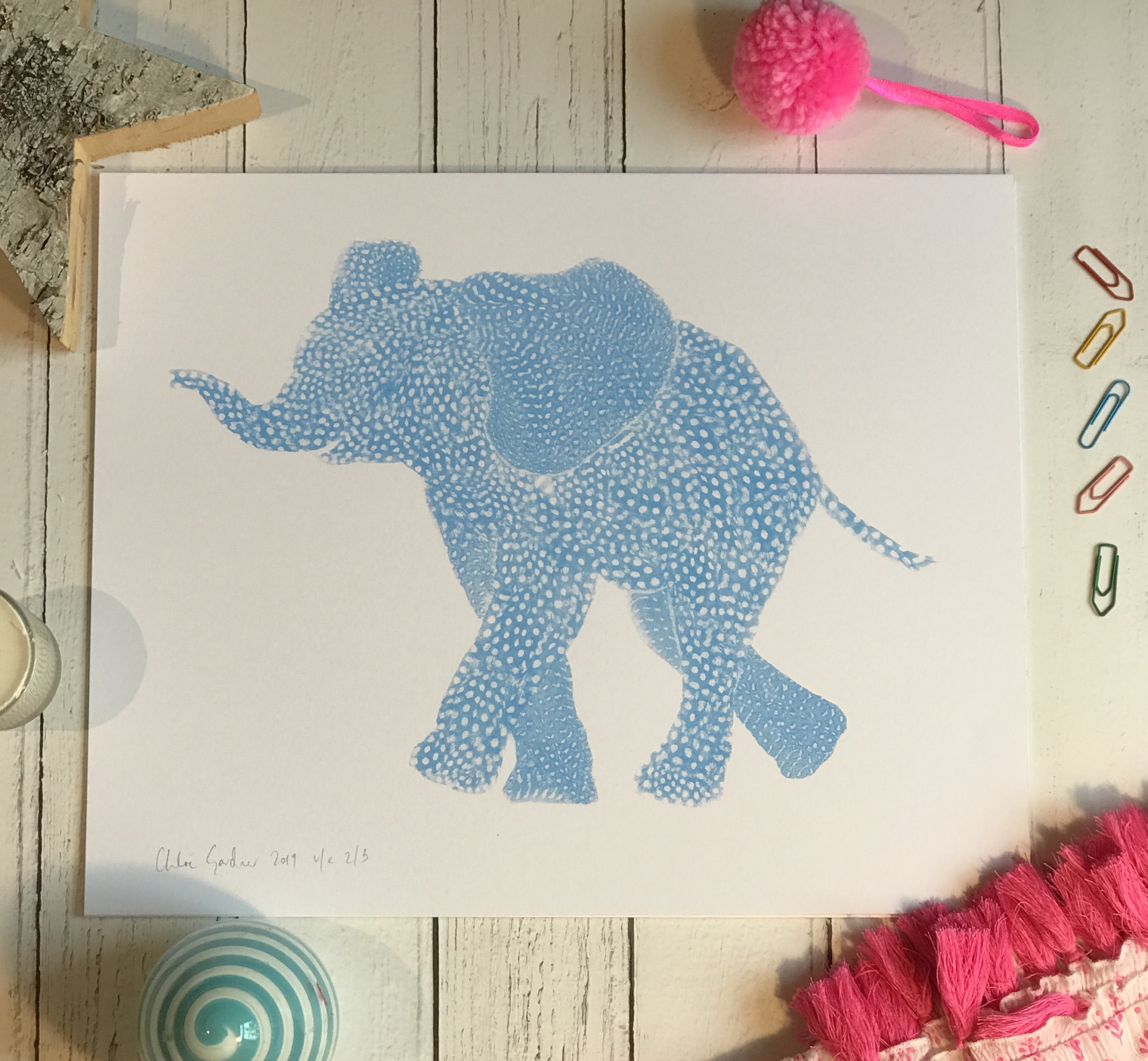 Screen Print Edition of 5- Small- Flouro blue Elephant facing left