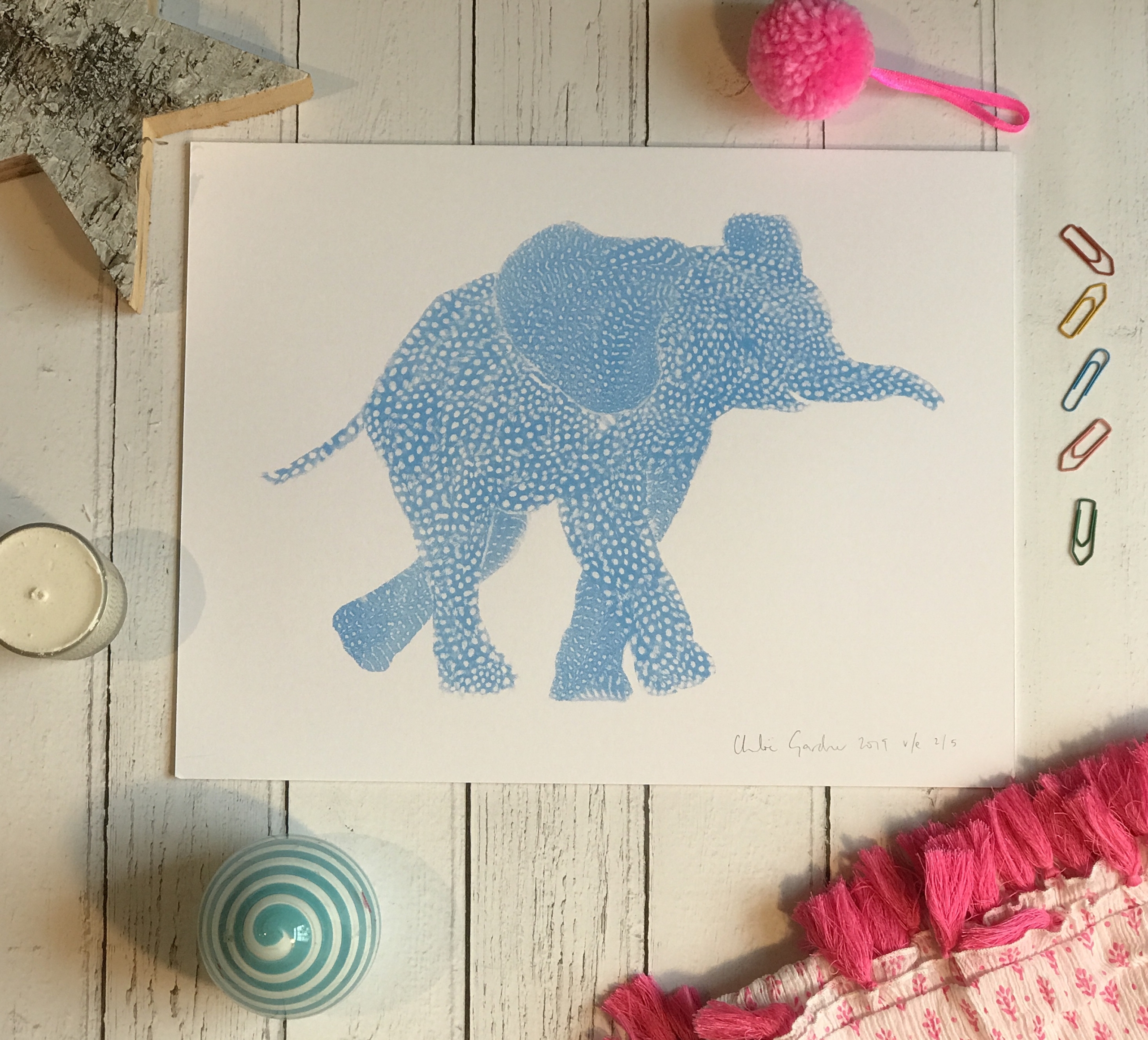 Screen Print Edition of 5- Small Flouro blue Elephant facing right