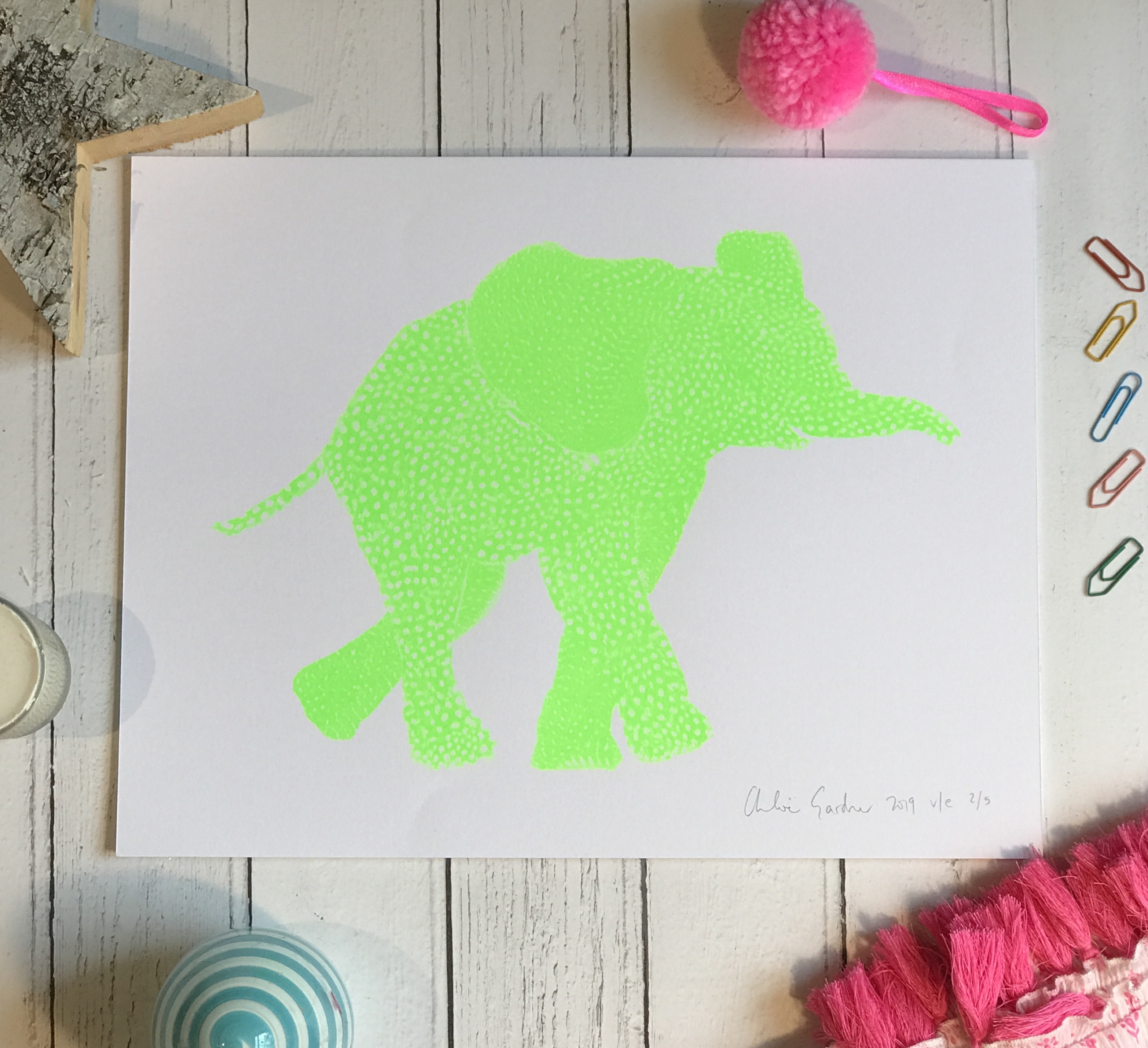 Screen Print Edition of 5- Small Flouro green Elephant facing right