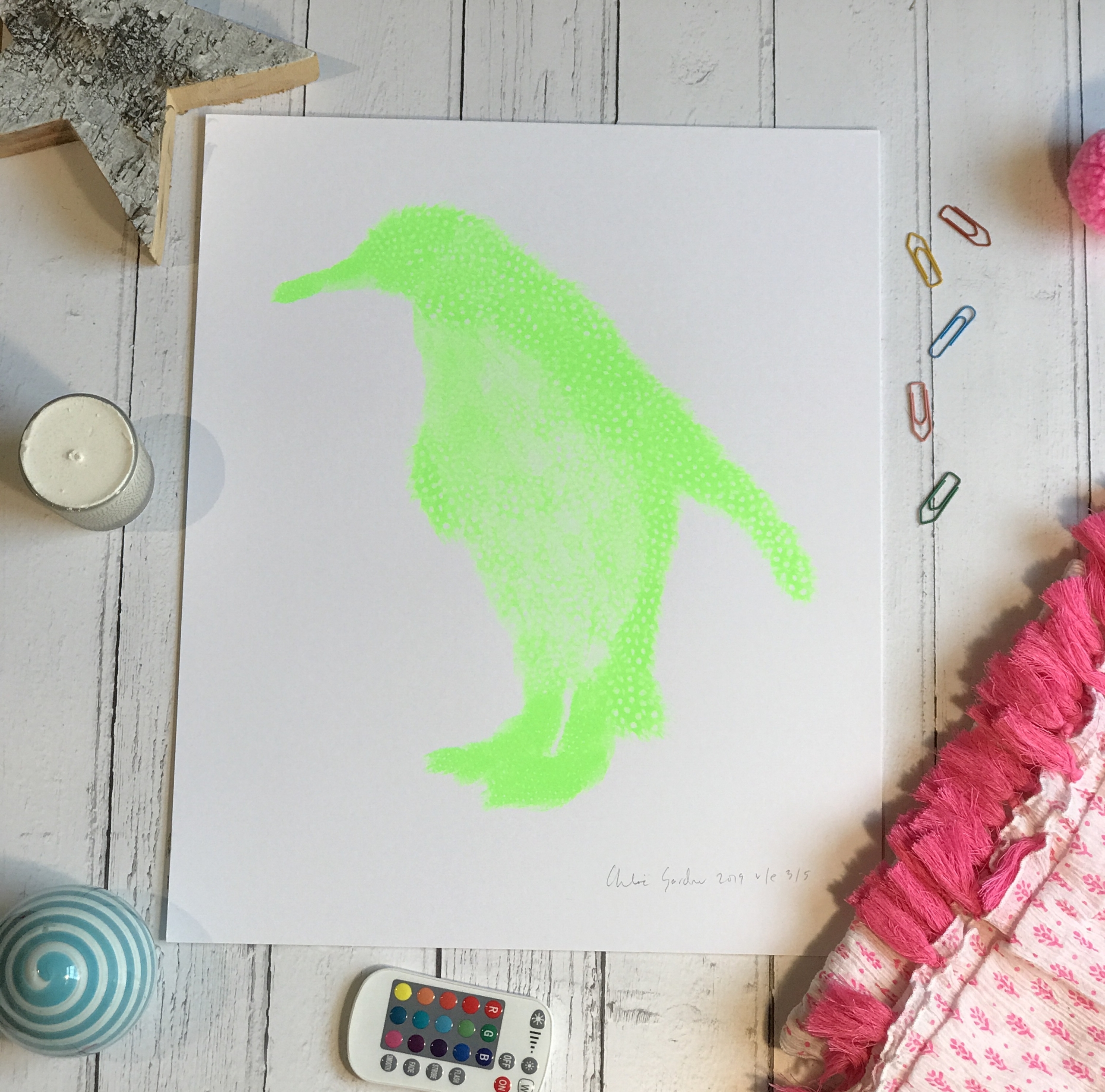 Screen Print Edition of 5- Flouro green penguin Medium