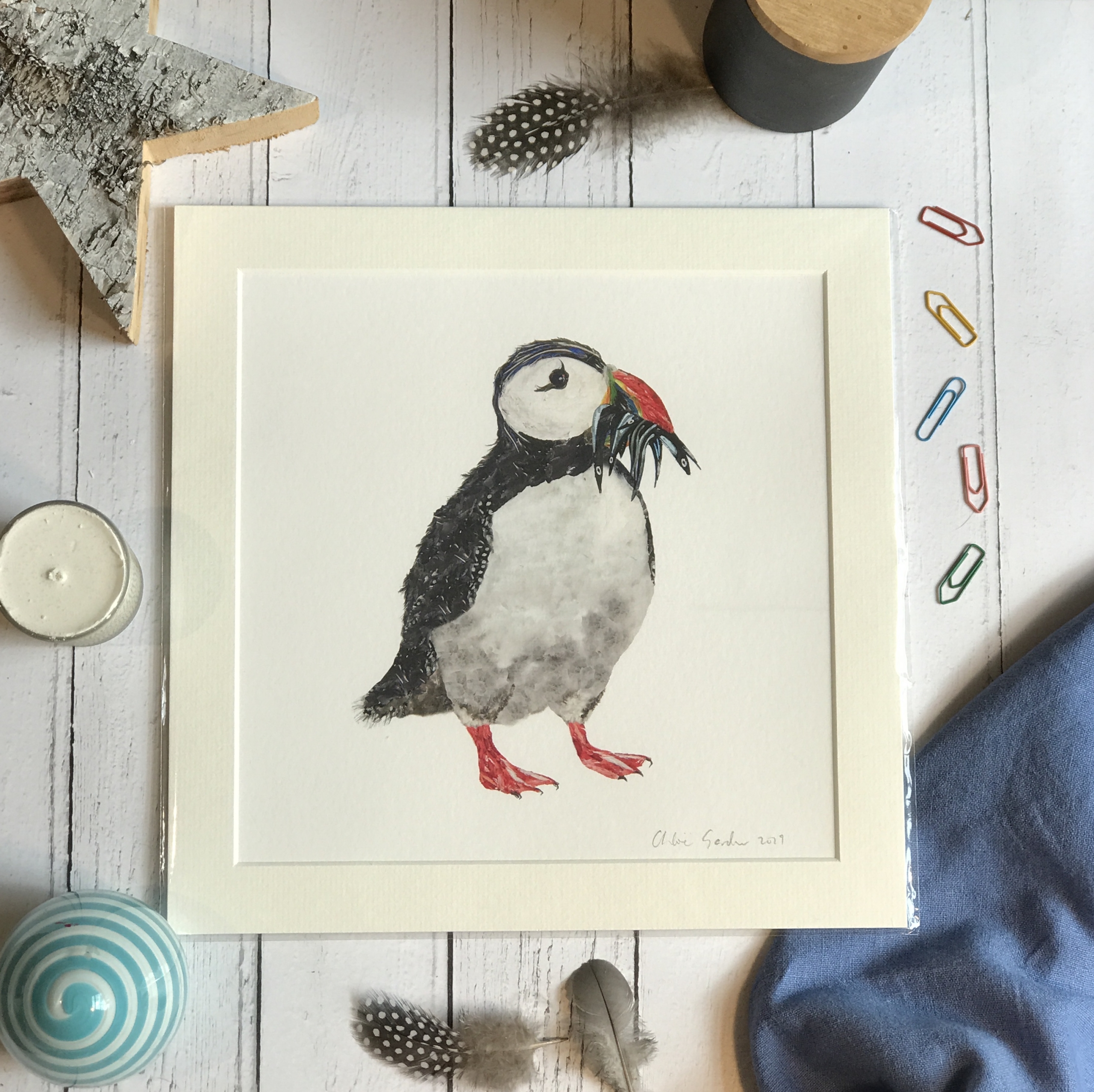 Mini Print - Square in a mount and bag for 8 inch frame - Feather Puffin with fish (Avail:2 02/24)