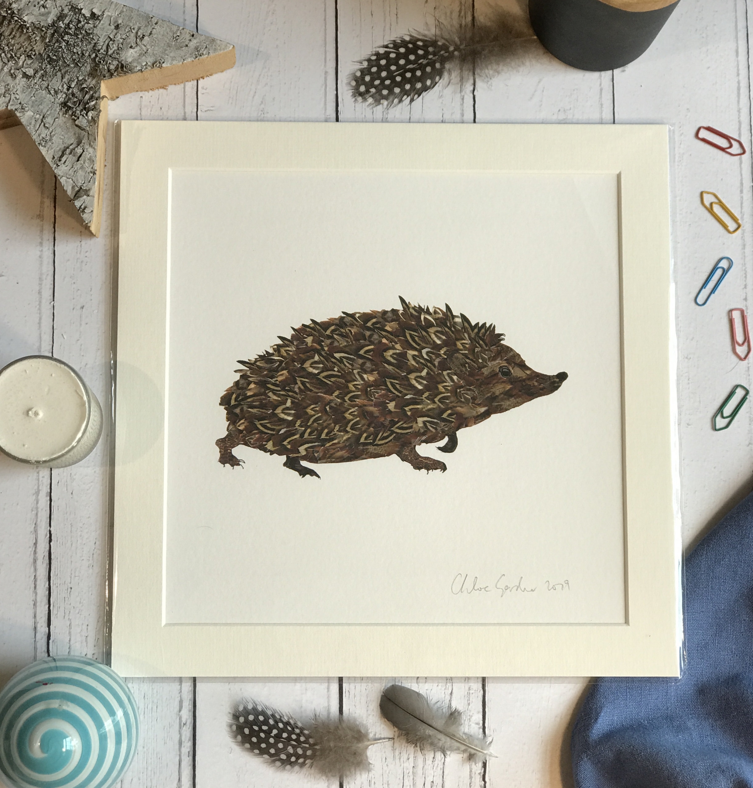 Mini Print - Square in a mount and bag for 8 inch frame - Feather Hedgehog (Avail:4 02/24)
