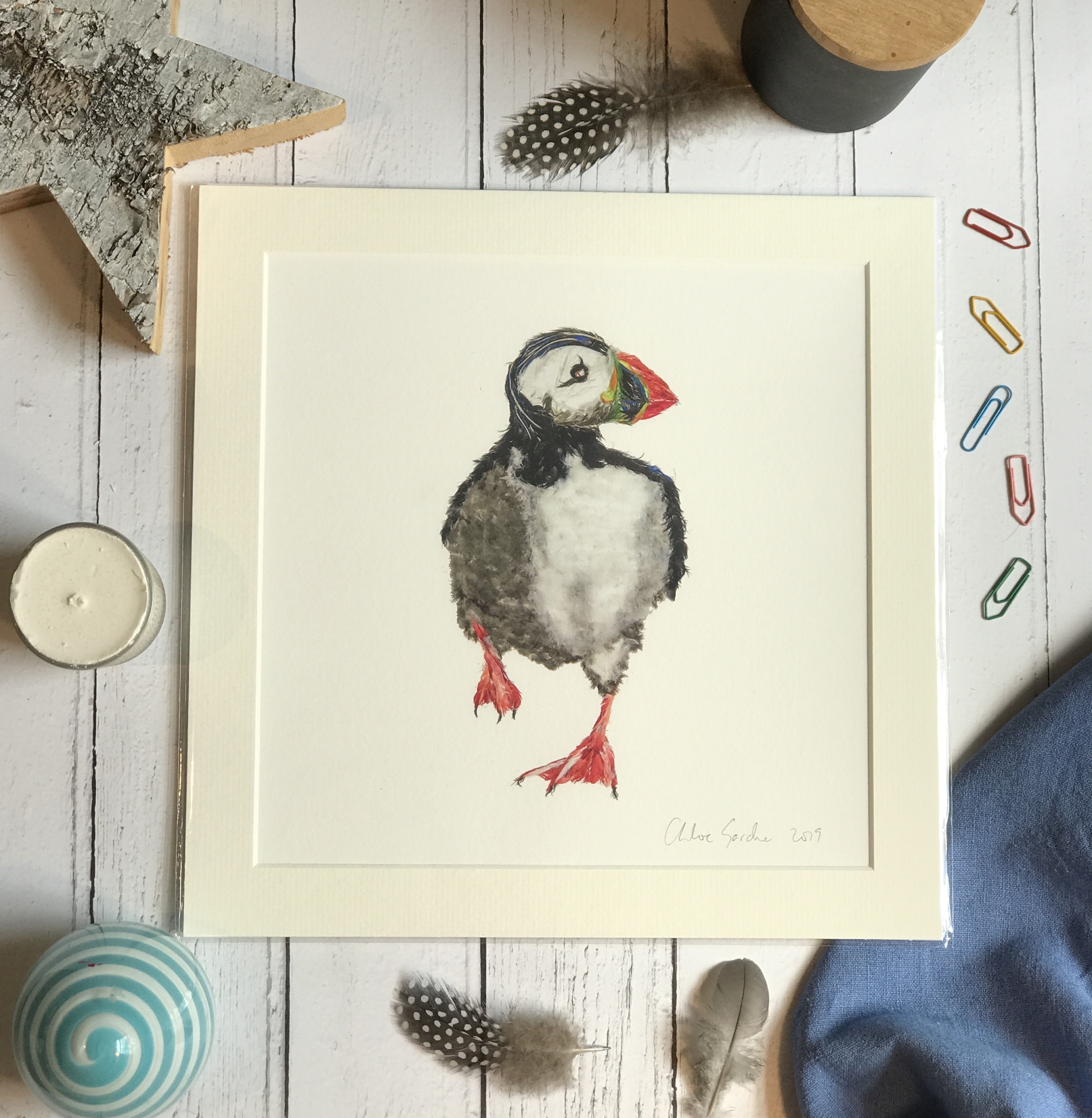 Mini Print - Square in a mount and bag for 8 inch frame - Feather Running Puffin (Avail:2 02/24)