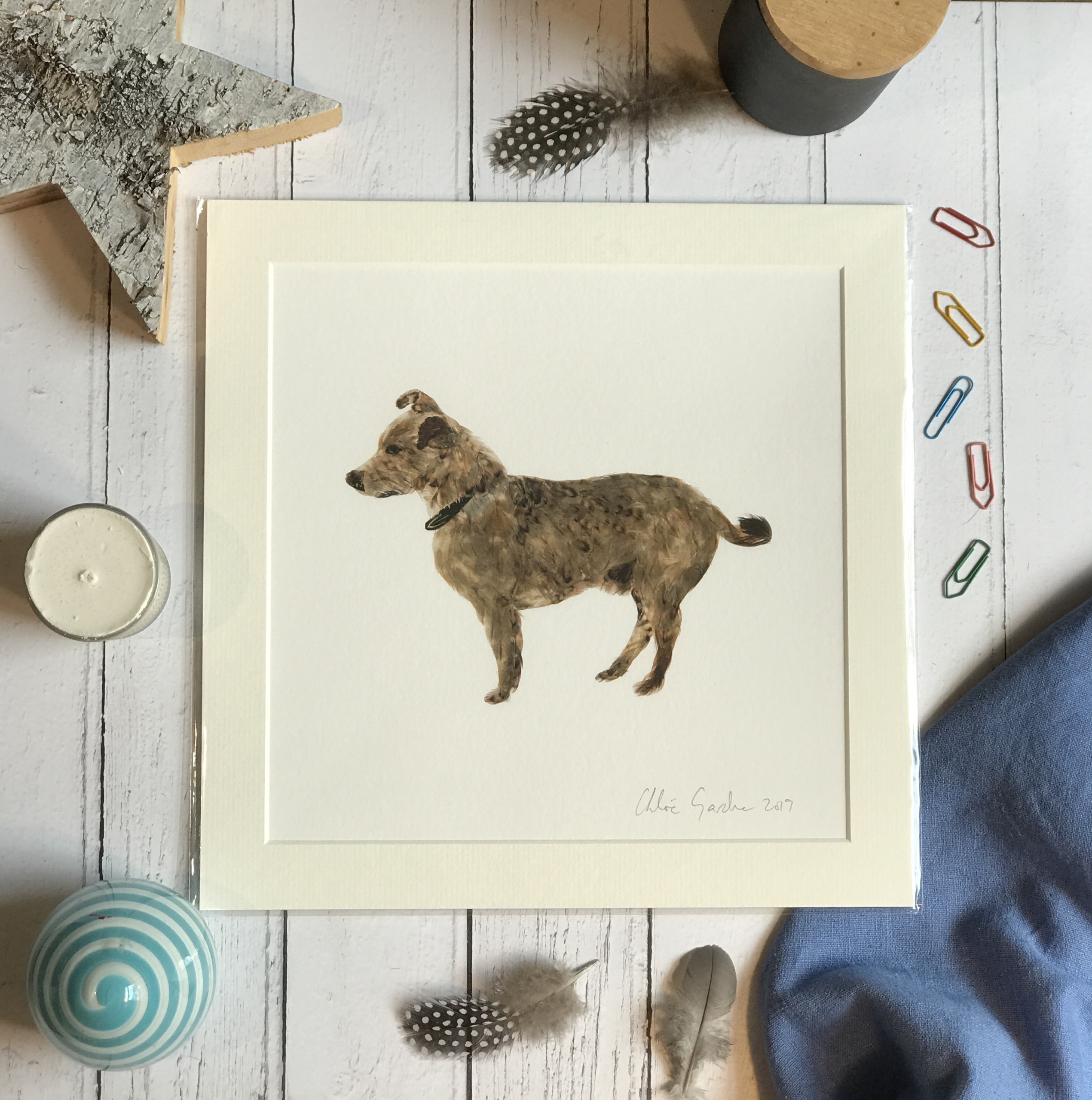 Mini Print - Square in a mount and bag for 8 inch frame - 'Cubby' Feather dog (Avail:7 02/24)