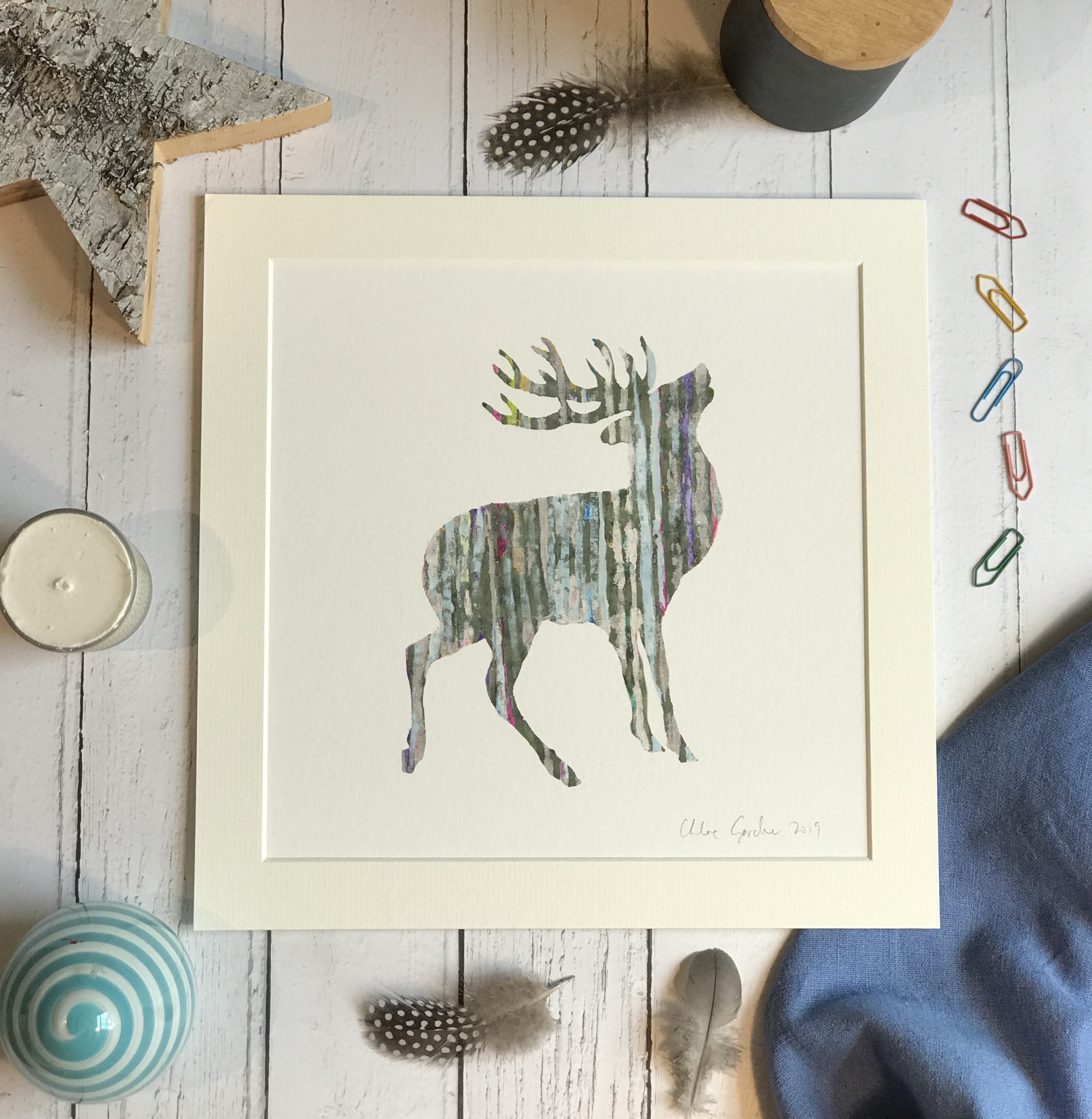 Mini Print - Square in a mount and bag for 8 inch frame - Silvery grey stag (Avail:2 08/24)
