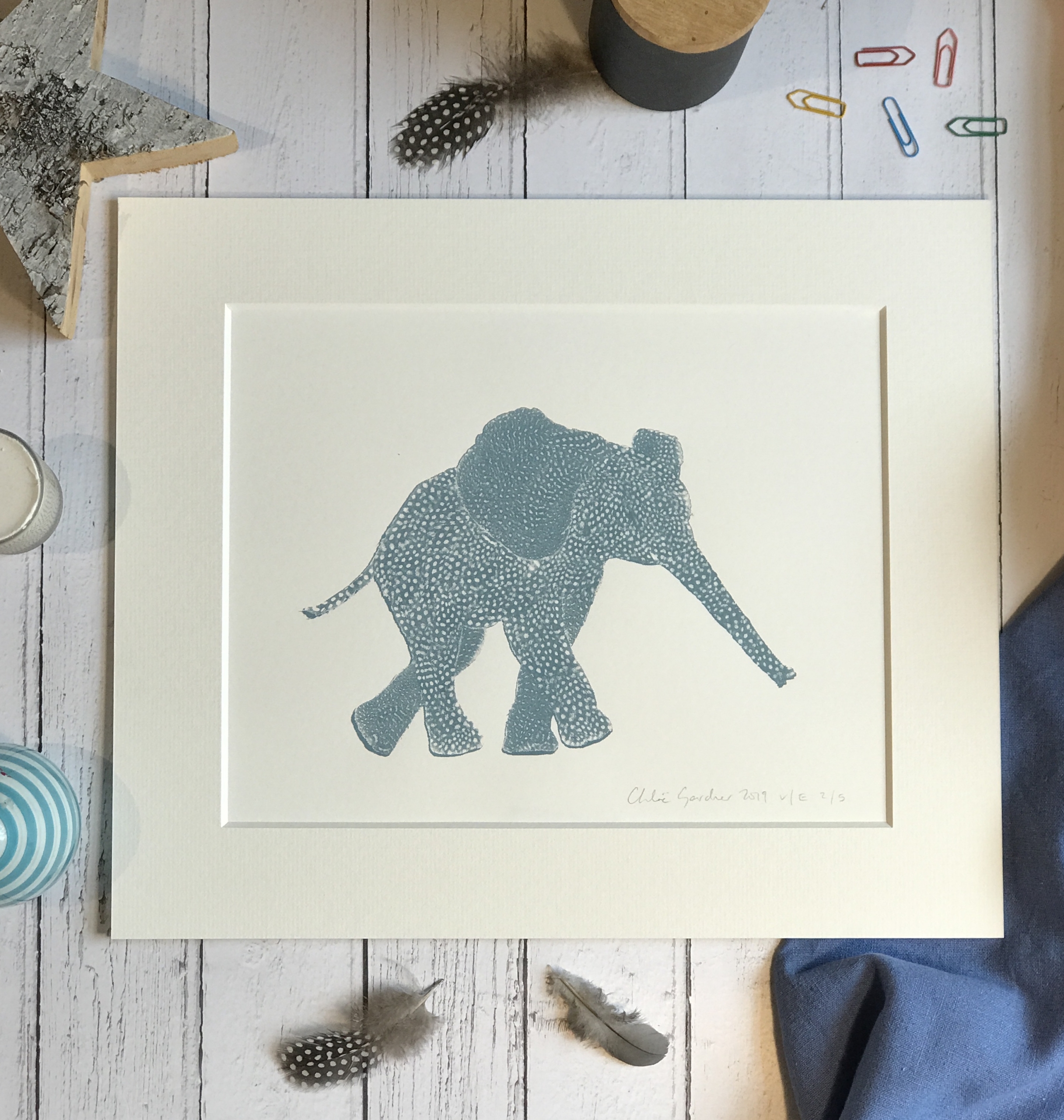 Screen Print Edition of 5- Small- Farrow & Ball A Elephant facing right with an out stretched trunk