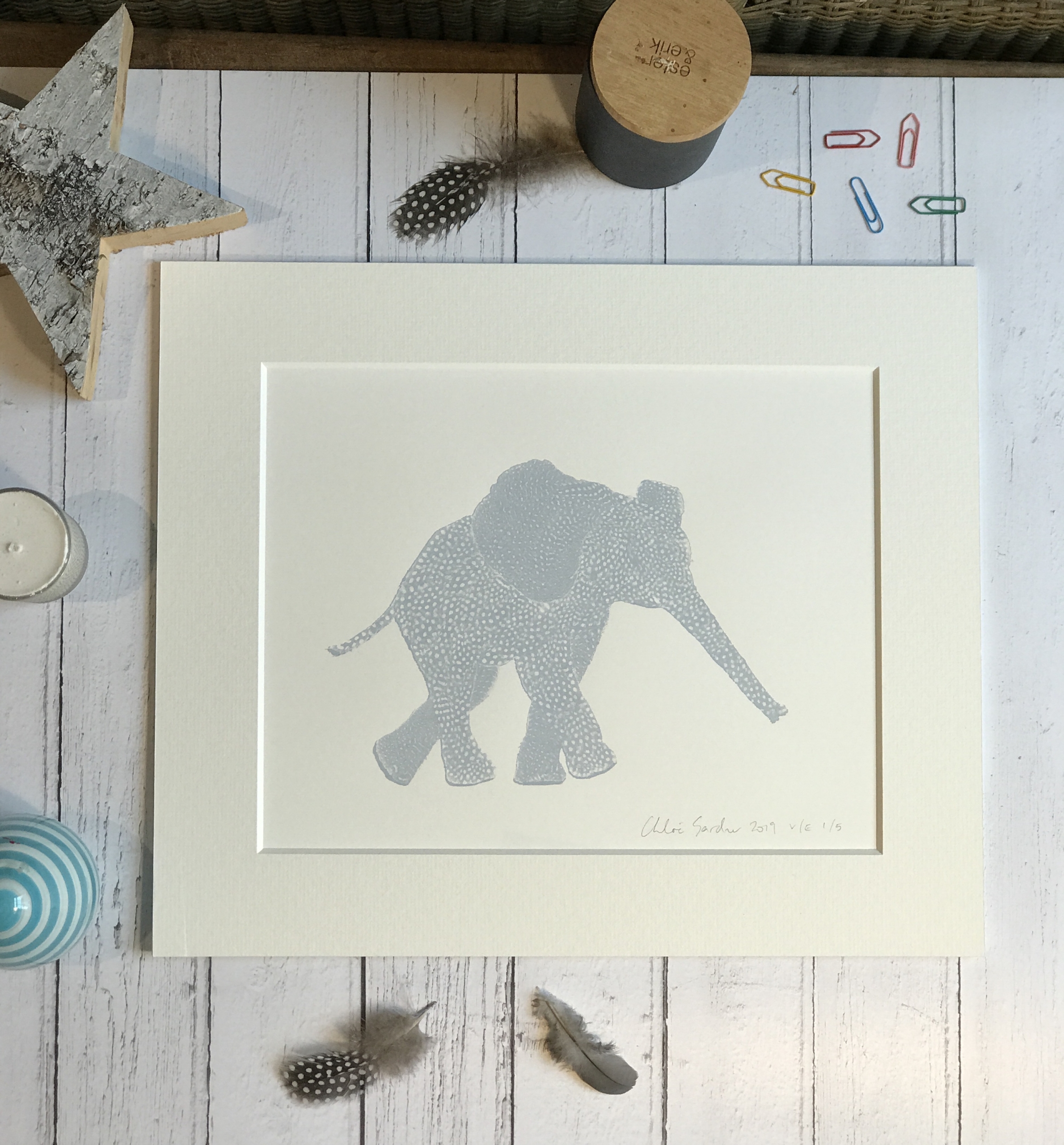 Screen Print Edition of 5- Small- Farrow & Ball BElephant facing right with an out stretched trunk