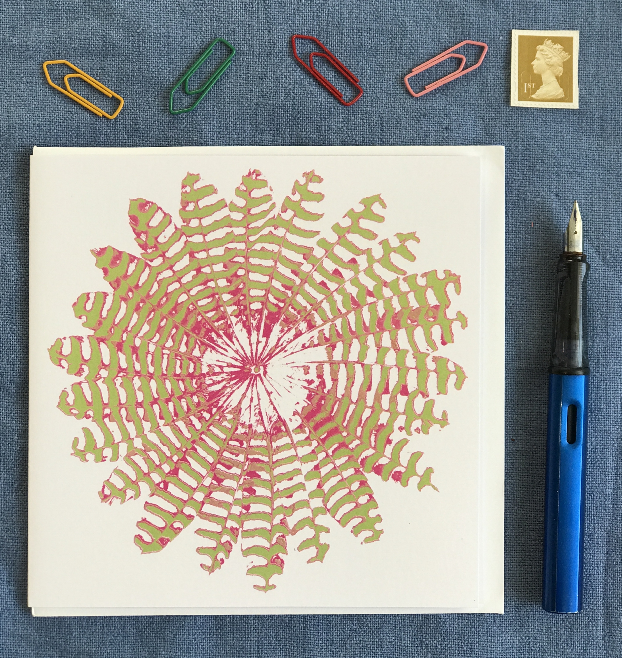 PACK OF THREE - CARD SQUARE - Green and Pink Feather Round