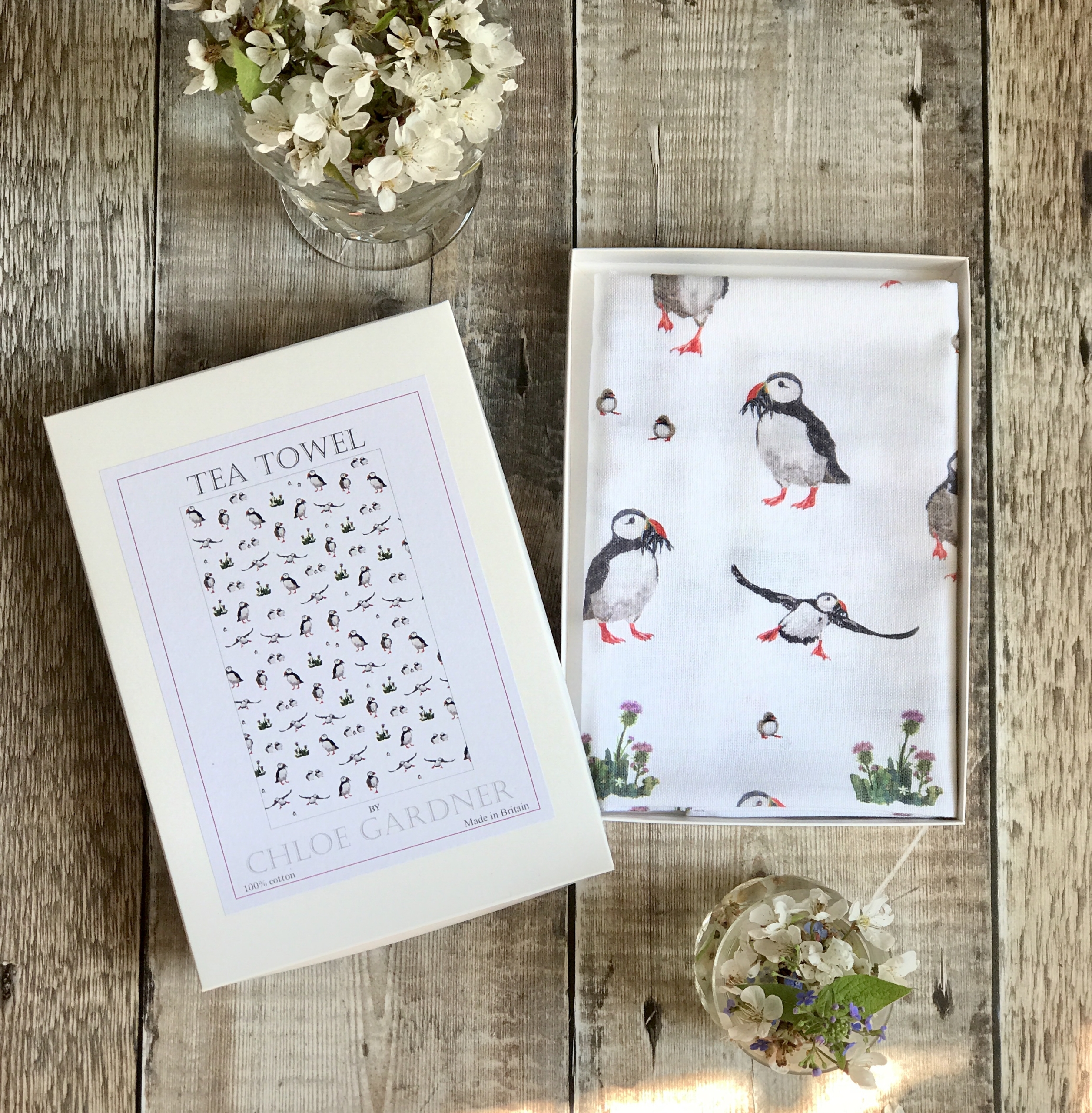 A GIFT BOXED TEA TOWEL -  Puffin Repeat