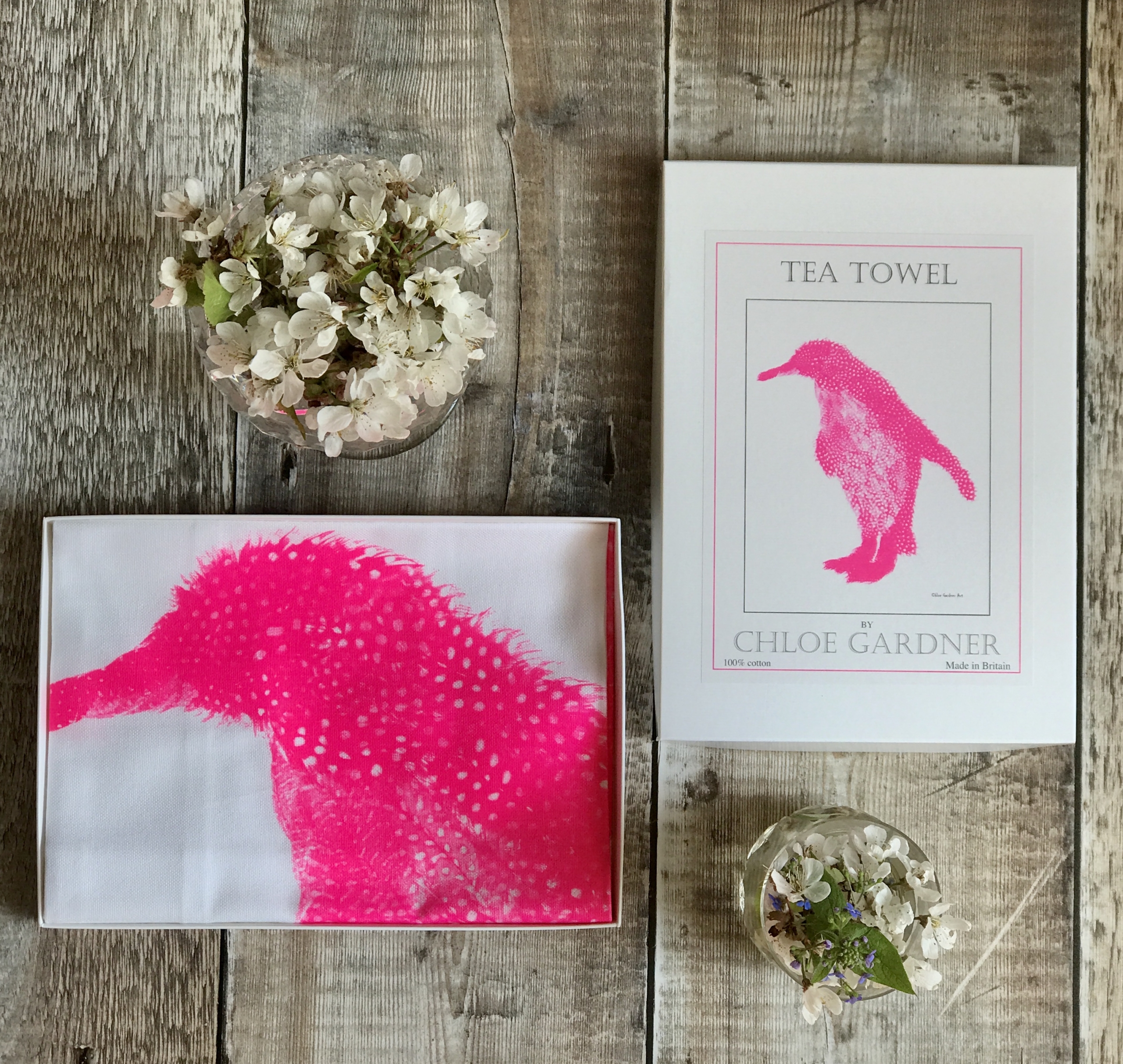 A GIFT BOXED TEA TOWEL - Fluoro Pink Penguin