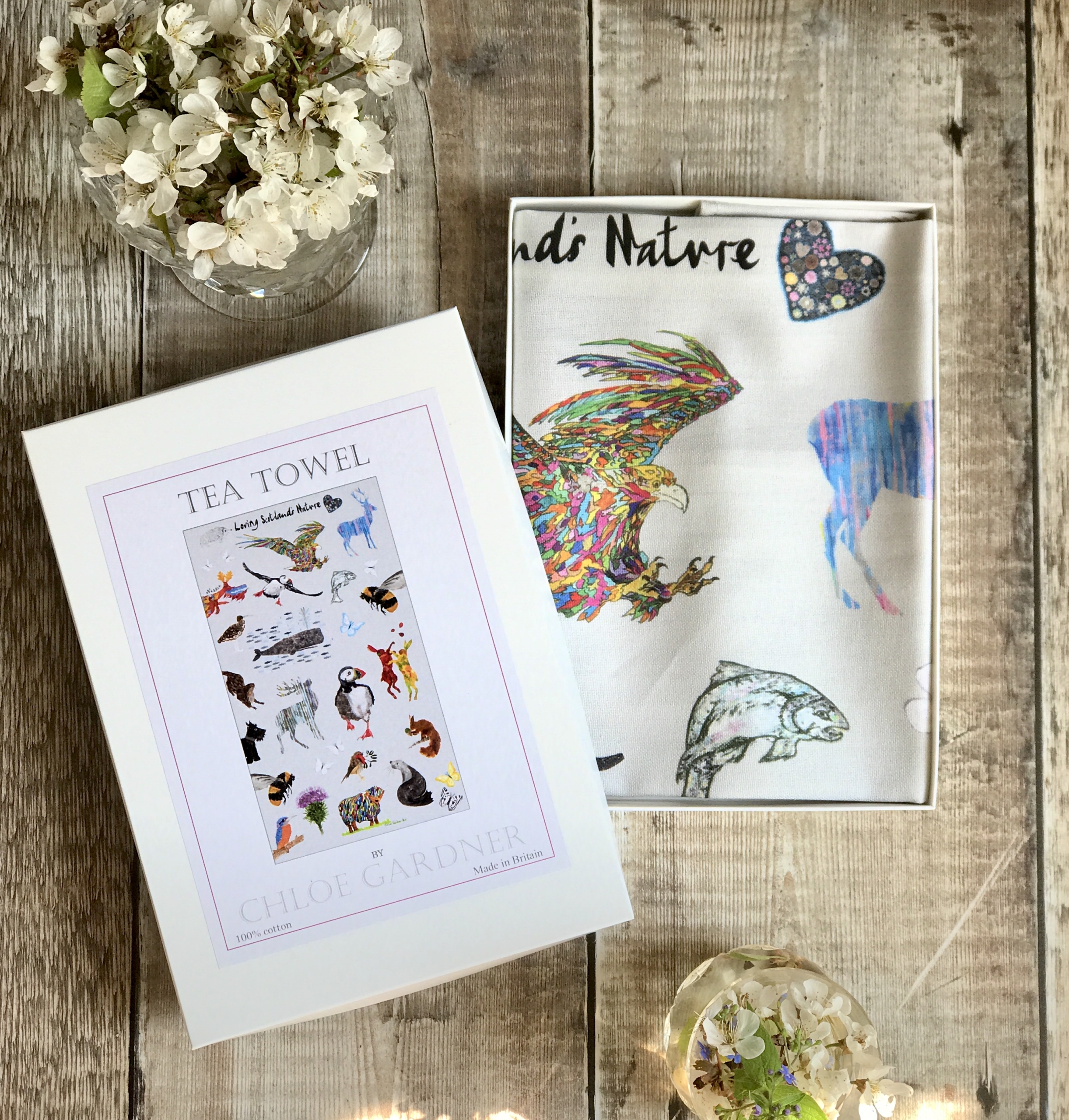 A lovely white tea towel printed with my loving nature design in a gift box.