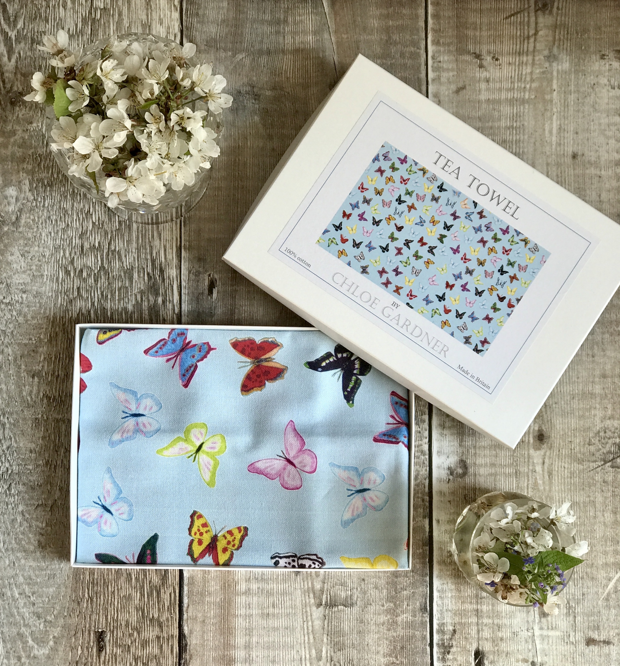 A GIFT BOXED TEA TOWEL - Butterflies Design on Blue