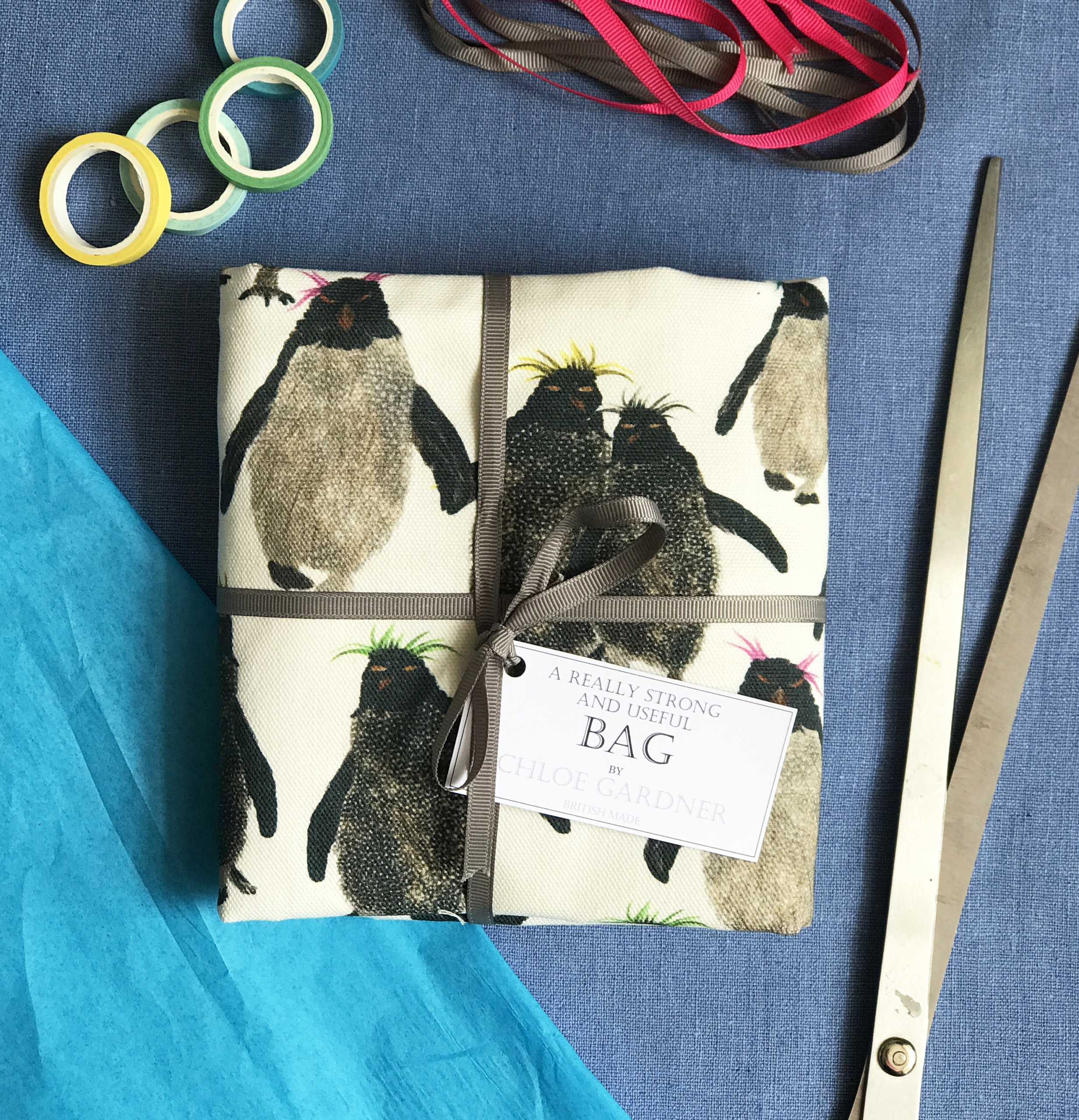 bag rockhoppers folded with grey ribbon