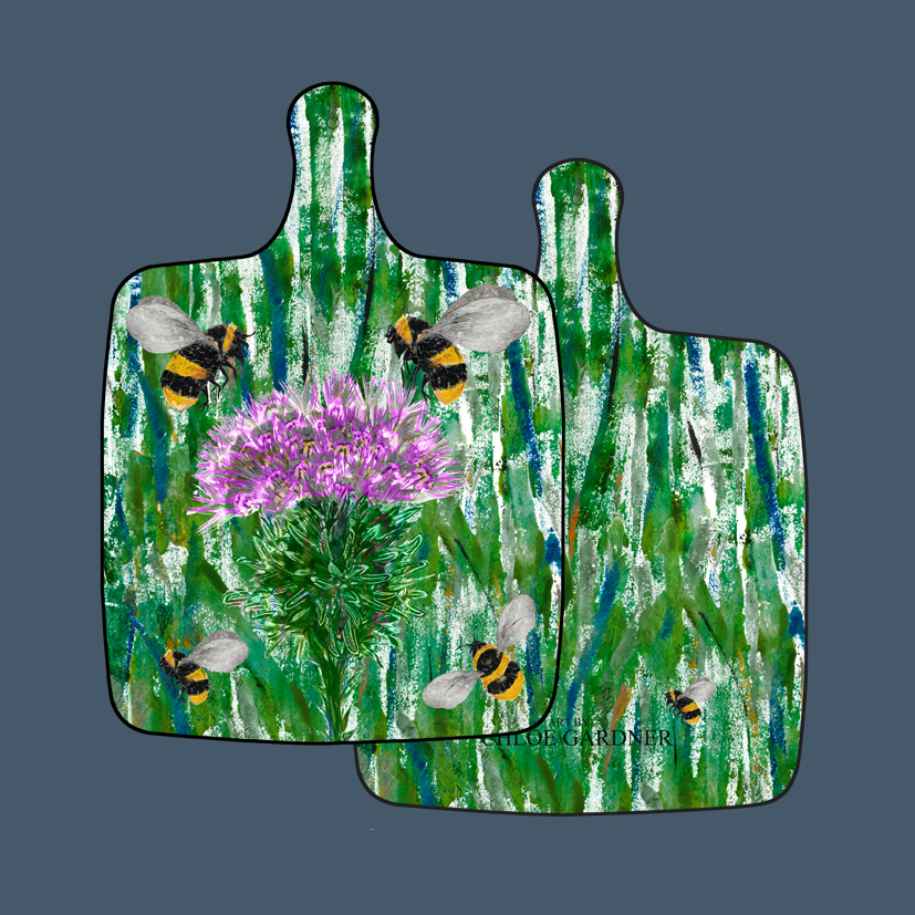 chopping board large bees and thistle front and back