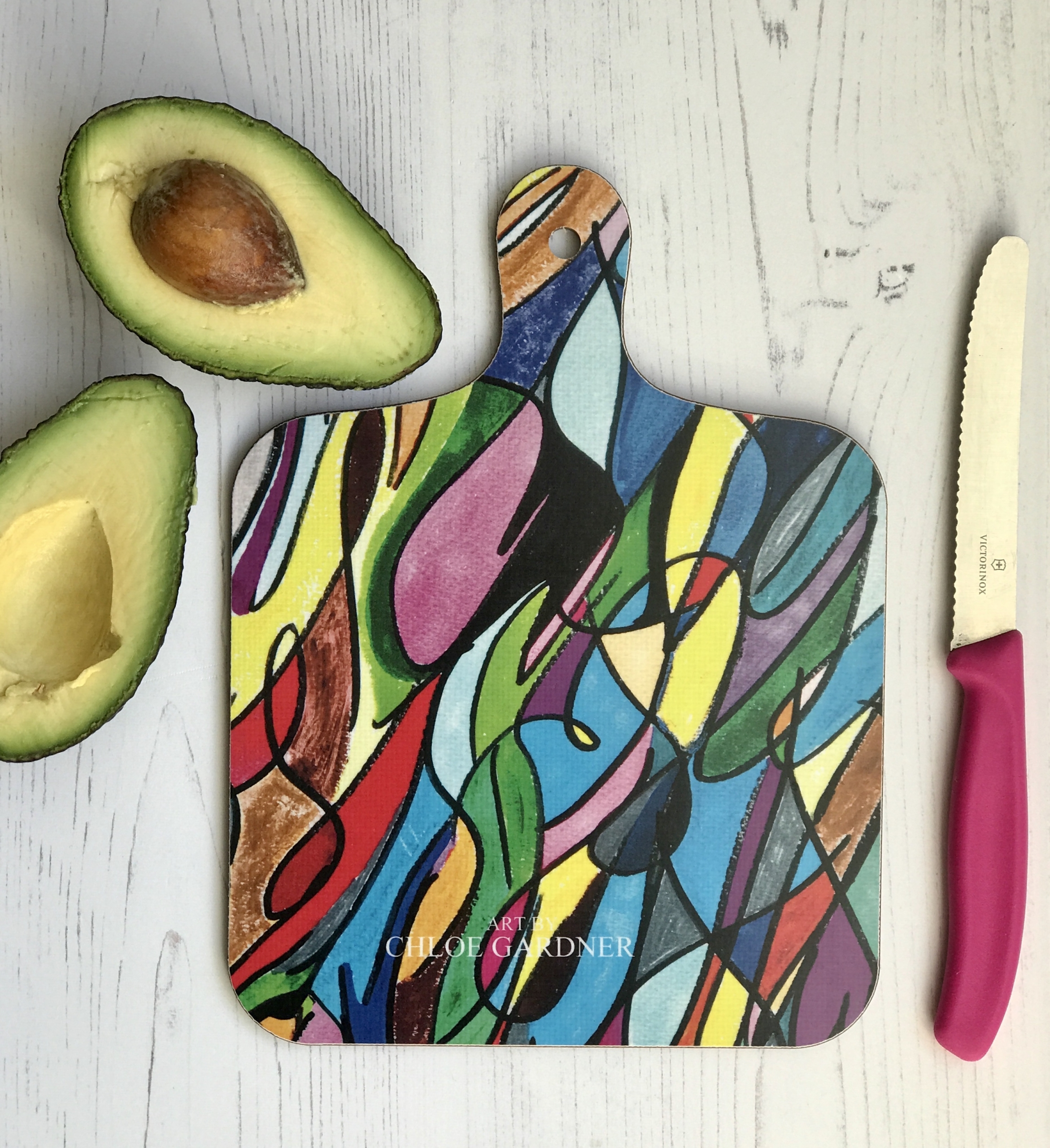 CHOPPING BOARD - SMALL- MULTI COLOURED ART DESIGN - STRIPEY BACK