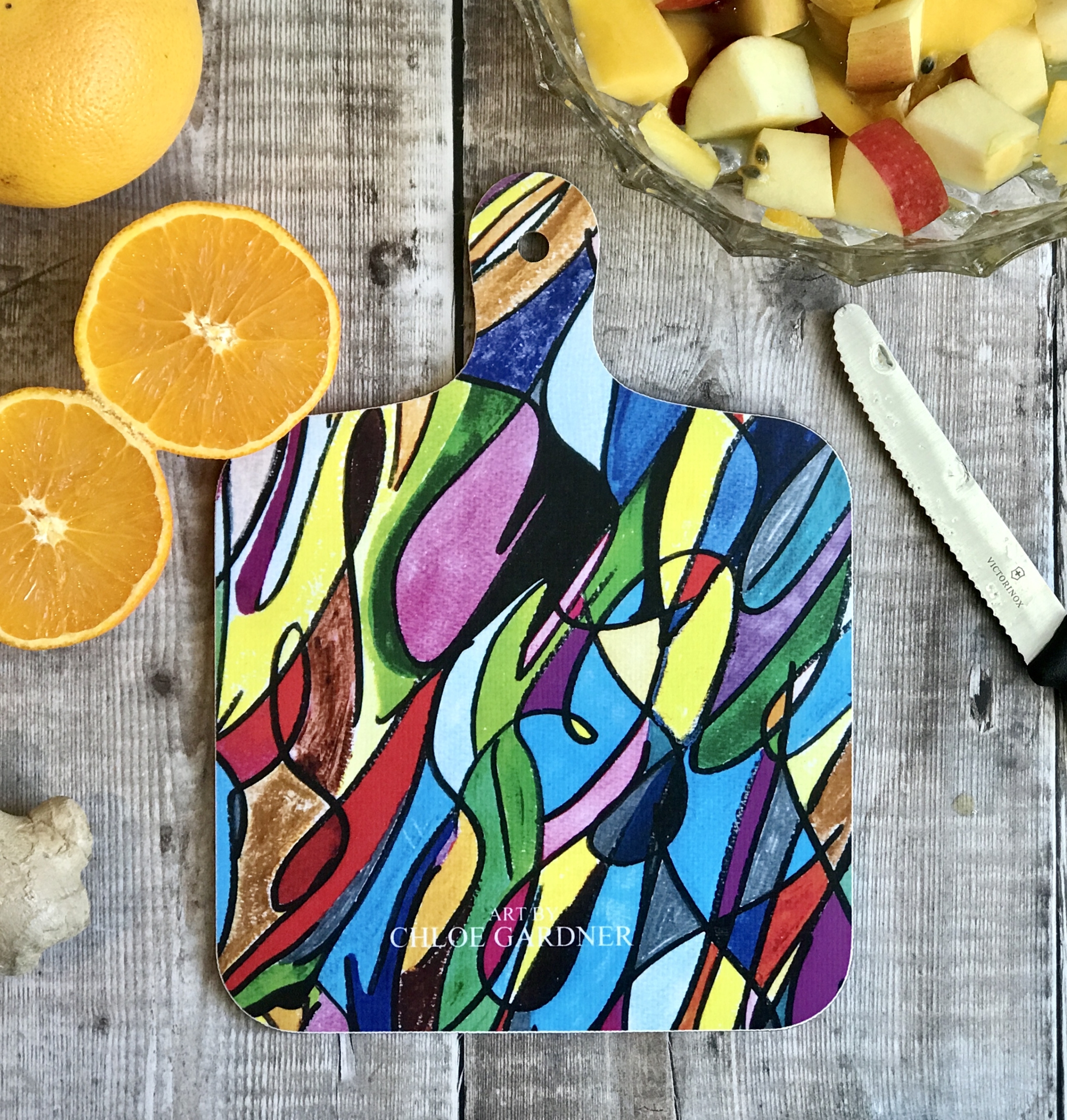 chopping board small bright coloured back fruit