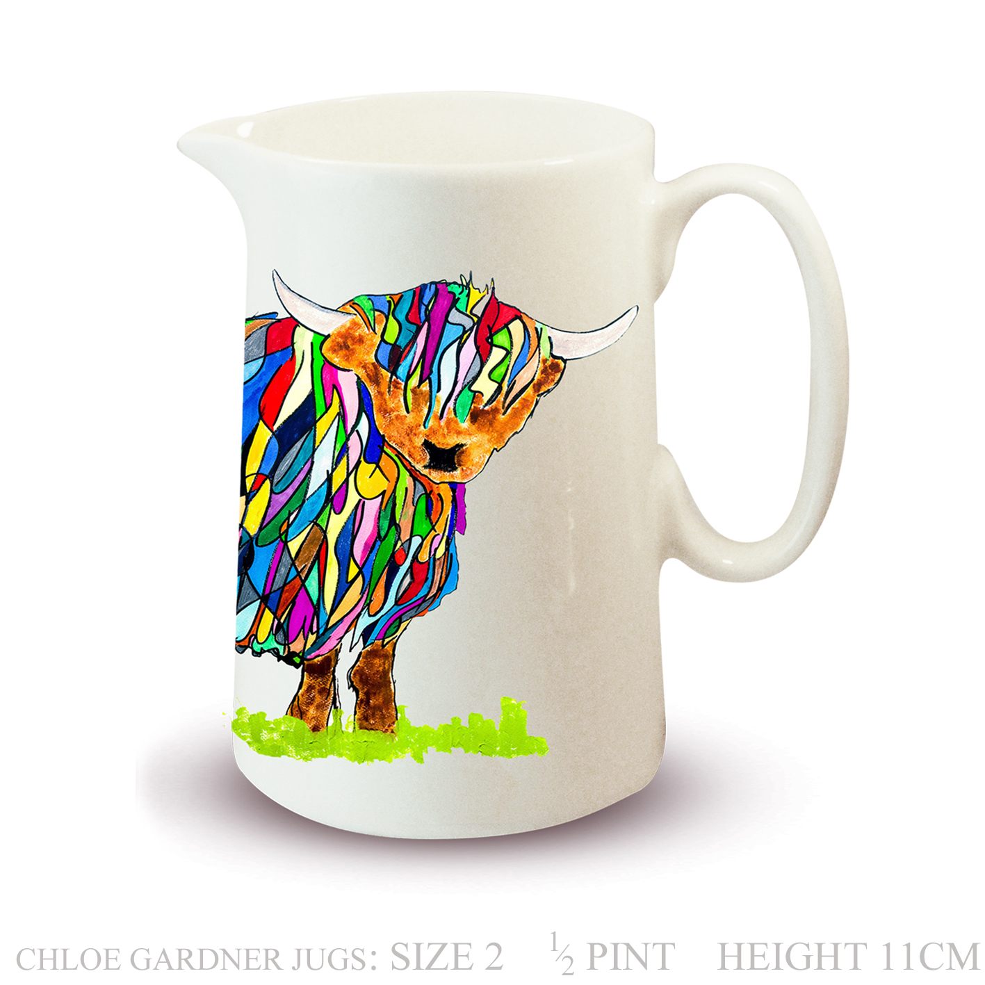 Pre Order for end of March - Jug- Half pint - BRIGHT MULTI-COLOURED HIGHLAND COW Design