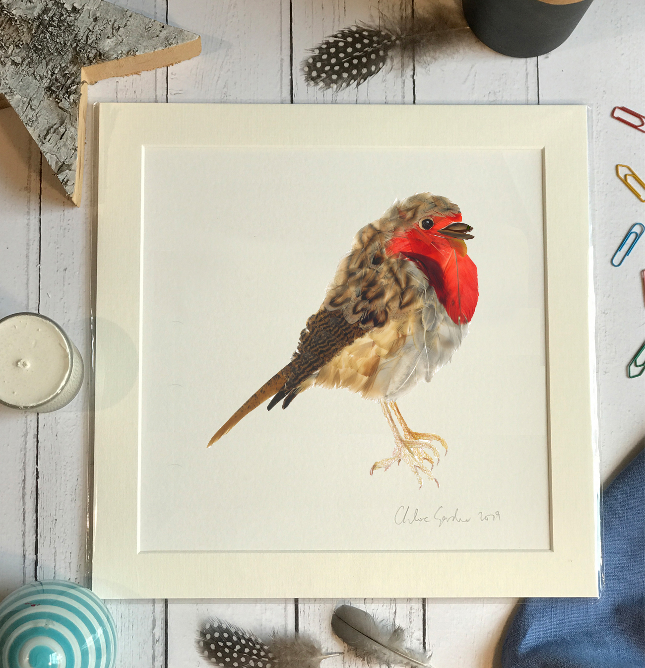 Mini Print - Square in a mount and bag for 8 inch frame - feather robin (Avail:3 02/24)